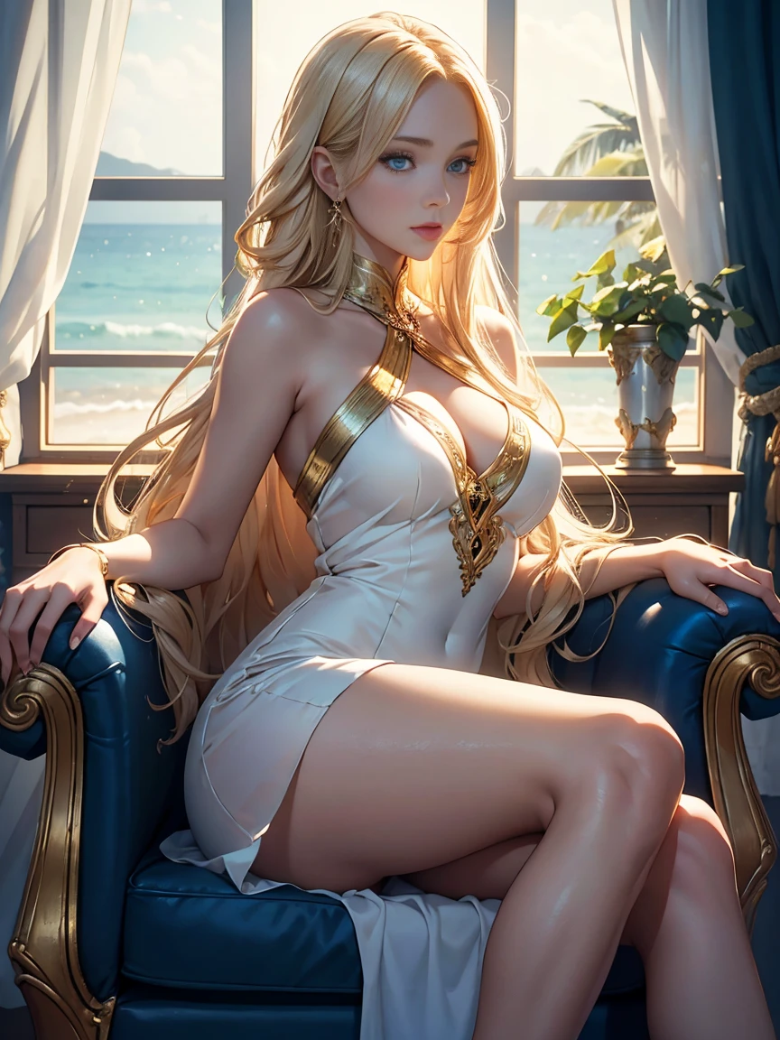 hyperrealistic, masterpiece, with high detail, clear focus, a beautiful woman with very long golden hair, beautifully styled, sits in front of a large window in a luxurious mansion in a comfortable white lounge chair and looks out of the window at the sea, she has beautiful slanted dark blue eyes. She is wearing a light light short dress, she looks like a fashion model, movie experience, she seems to be doing well in life, light smile, high quality, amazing detail, 8k ultra HD, colorful double exposure, high detail, clear focus, stunning full color, various variations