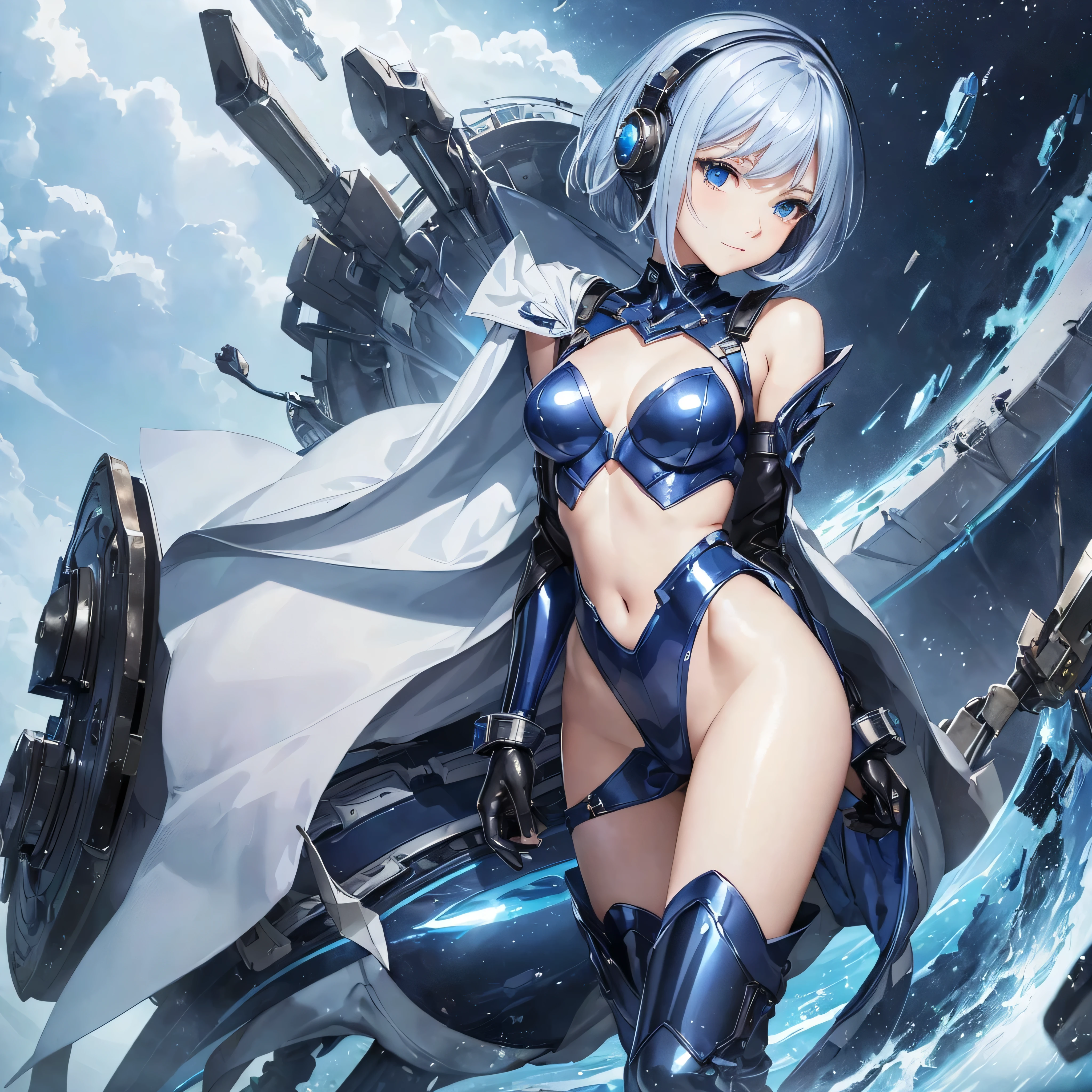 (masterpiece、Highest quality、Highest Resolution、Clear_image、Detailed details): (Whole body、One 20 year old girl、Japanese Faces、Small Face、Slender、Navy blue super short bob cut hair、(Hidden small breasts:1.3)、Sparkling blue eyes、A shiny patent leather pilot suit in white, blue and black、Chest protection armor、Clothes that cover the whole body、Very delicate and beautiful、Detailed Skin、Clothes that hide the thighs、Clothes that cover the buttocks、cute、Cute、A gentle smile、Soft expression、heroine、headset、Knee-high boots、Elbow-length gloves、Eye Level Shot、Peace talks between warring factions,attention arousal, smart blue eyes,Face directly、Woman on a spaceship)