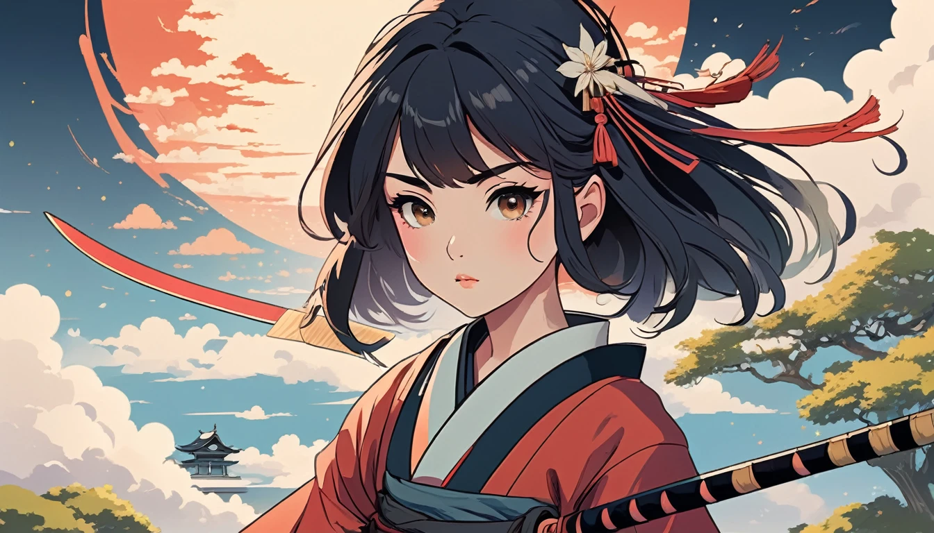 Female samurai, Wide-angle lens, Lofi Anime, Lofi illustration, Aesthetic atmosphere, Lo-Fi Style, Vector art, Flat Design, Simple shape, Warm tones, Pleasant atmosphere, Chill, In anime style, Digital drawing, Vector art, Vector logo for t-shirt printing, (Adorable:1.5), (small:1.4), (Playful:1.2), (soft:1.3), (Whimsical:1.1), masterpiece, Highest quality, 8k, Intricate details, grow, Celestial, Mysterious, Picturesque, amazing, Majestic, Magic, Fantasy art, Cover art, dream-like