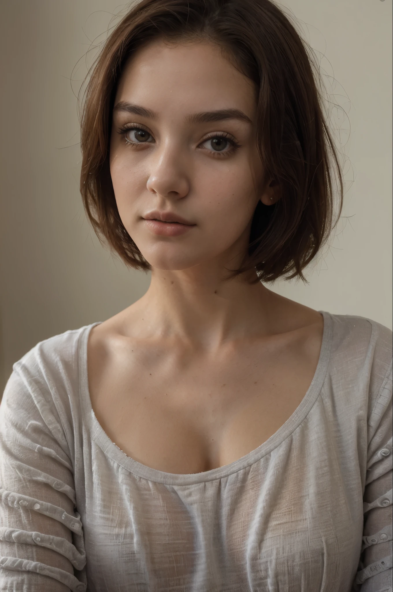 (obra maestra: 1.2, Masterpiece: 1.2, Superior Quality), Realistic, (Realistic Picture, Complex Details, Depth of Field, Superior Quality, Masterpiece), Highly Detailed, 1 Girl, SELFIE, vestida con pijama, 21 years old, Brown hair , Short hair reaching shoulders, Gray eyes, selfie, sin pinturas de fondo