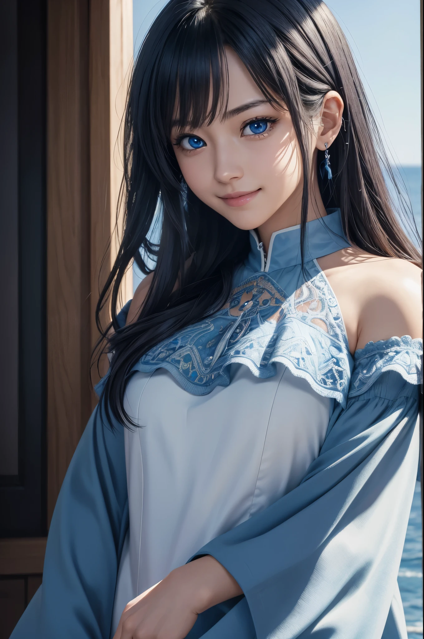 8k,Ultra-high resolution,((Best image quality)), ((masterpiece)), (Attention to detail:1.3), 大きなsmileでblue eyesのジャンヌD&#39;Aak,Paladin,blue eyes,Blonde Perm Blue Hair,Woman in black armor(精密な金色のPaladinの紋章の細工)、Cleavage,We paid special attention to the decoration of the chest armor...、Beautiful expression,charm,sexy,so beautiful(Like the real thing),Carry a big, long sword,smile,Luxury black pants,Blue and black shoulder pads,Blue-black armor,Blue-black leg armor,masterpiece,Photorealistic RAW photos of the highest quality。Bright colors,Rich colors, Backlight, Cinema Lighting, Film Grain, to be born, 50mm lens, Nikon D850,Realistic Skin,Fantasy art,Character Art,Ultra-high resolution,大きなsmile,