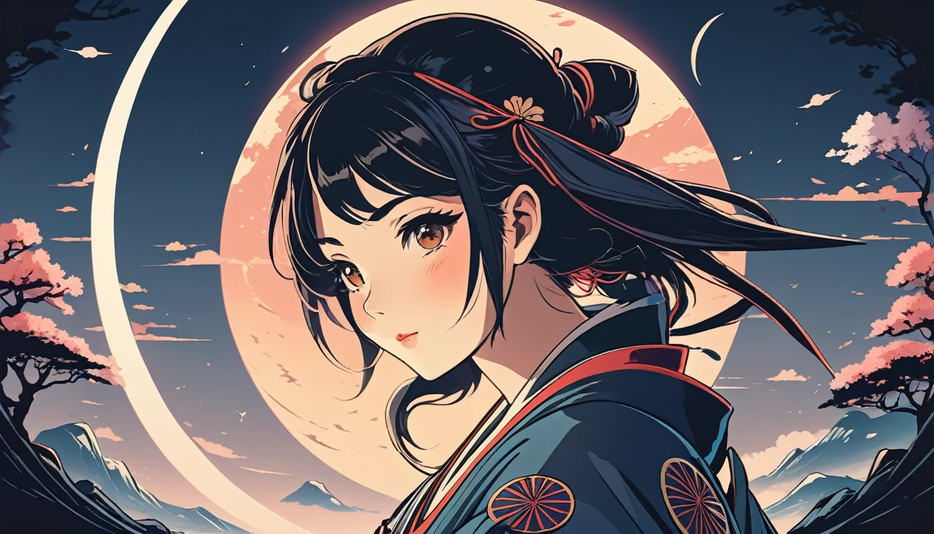 Female samurai, Wide-angle lens, Lofi Anime, Lofi illustration, Aesthetic atmosphere, Lo-Fi Style, Vector art, Flat Design, Simple shape, Warm tones, Pleasant atmosphere, Chill, In anime style, Digital drawing, Vector art, Vector logo for t-shirt printing, (Adorable:1.5), (small:1.4), (Playful:1.2), (soft:1.3), (Whimsical:1.1), masterpiece, Highest quality, 8k, Intricate details, grow, Celestial, Mysterious, Picturesque, amazing, Majestic, Magic, Fantasy art, Cover art, dream-like