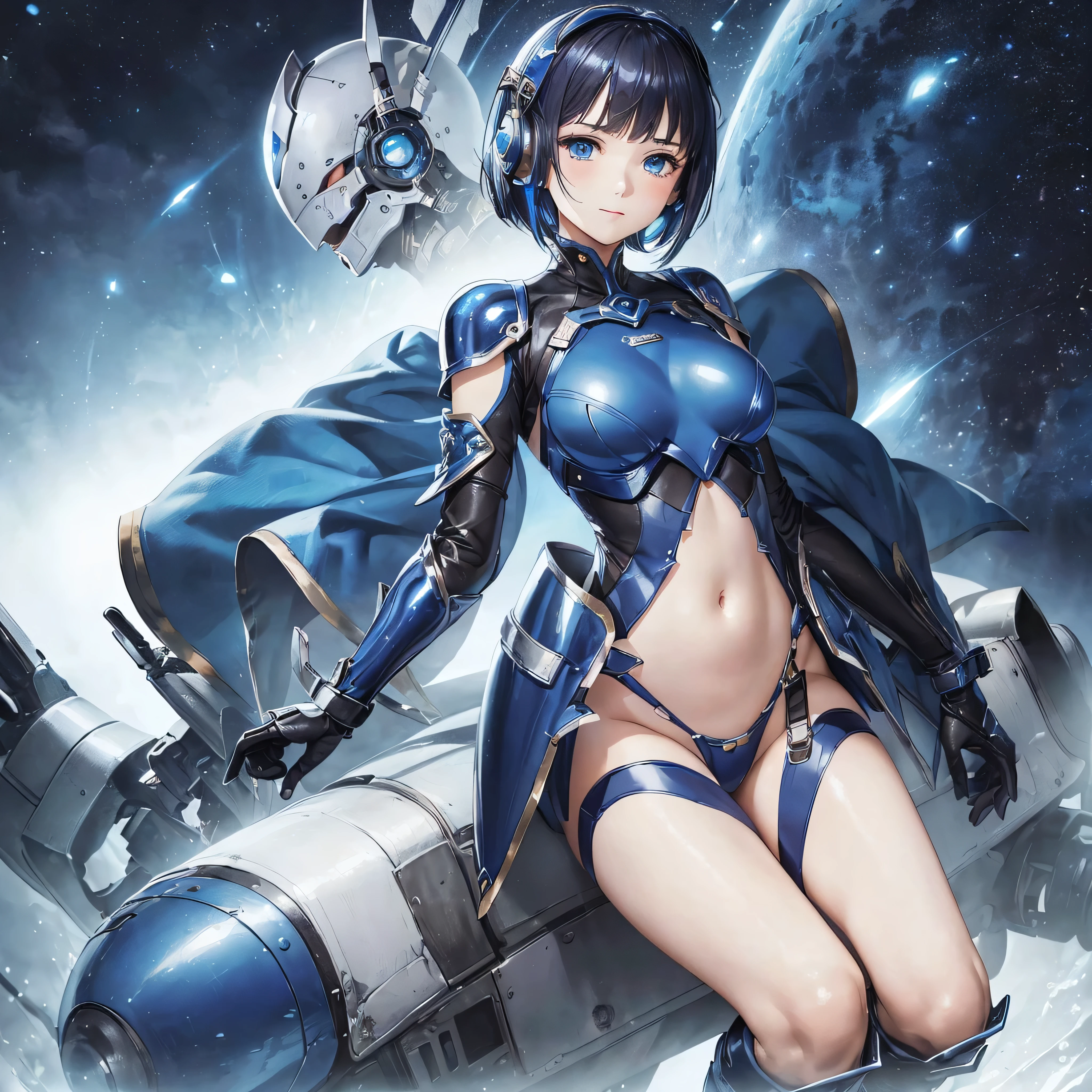 (masterpiece、Highest quality、Highest Resolution、Clear_image、Detailed details): (Whole body、One 20 year old girl、Japanese Faces、Small Face、Slender、Navy blue super short bob cut hair、(Hidden small breasts:1.3)、Sparkling blue eyes、A shiny patent leather pilot suit in white, blue and black、Chest protection armor、Clothes that cover the whole body、Very delicate and beautiful、Detailed Skin、Clothes that hide the thighs、Clothes that cover the buttocks、cute、Cute、A gentle smile、Soft expression、heroine、headset、Knee-high boots、Elbow-length gloves、Eye Level Shot、Peace talks between warring factions,attention arousal, smart blue eyes,Face directly、Woman on a spaceship)