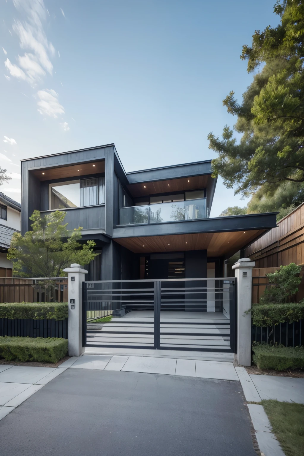 a bright front of house, with lots of modern architecture, and with a swinging gate, also modern by great famous architects