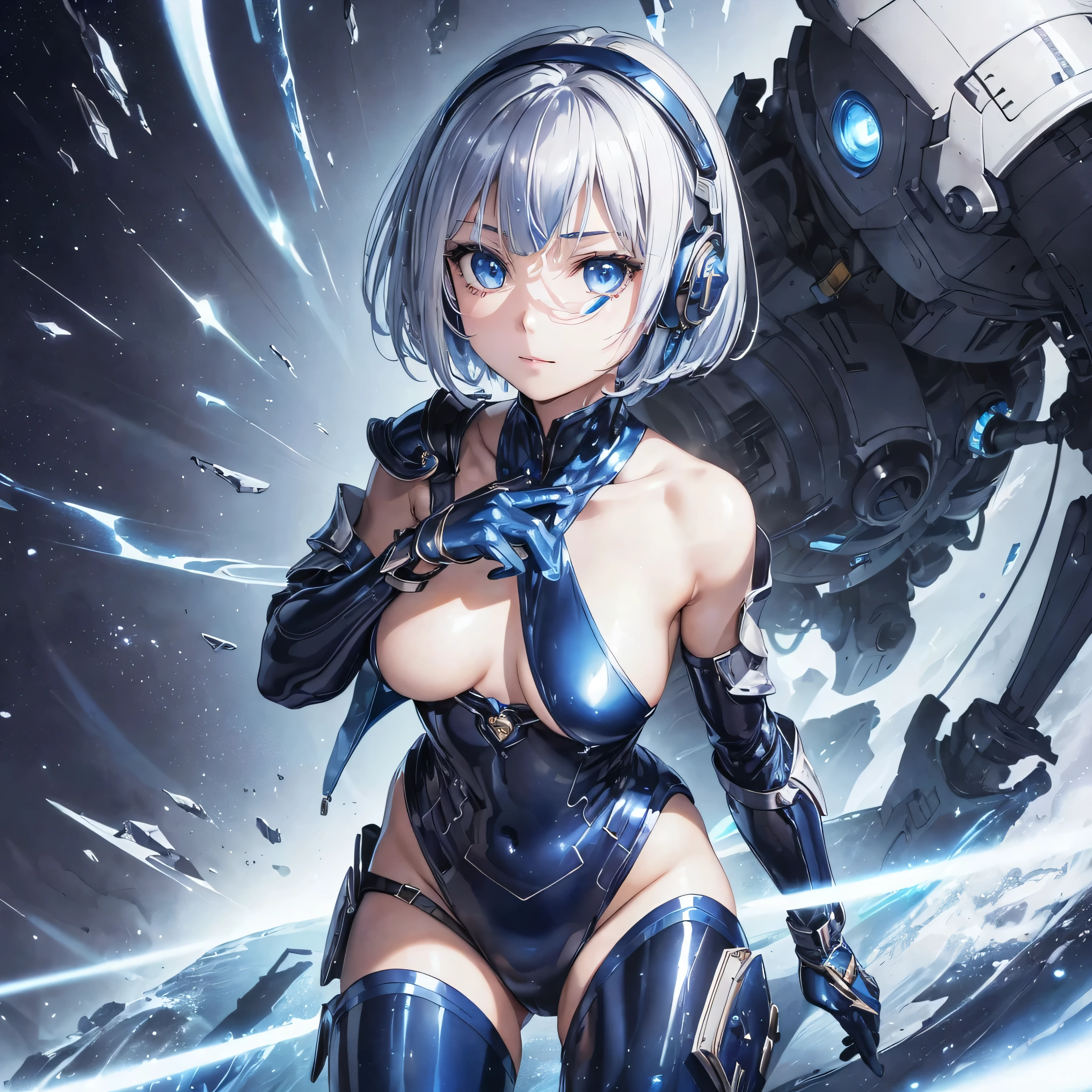 (masterpiece、Highest quality、Highest Resolution、Clear_image、Detailed details): (Whole body、One 20 year old girl、Japanese Faces、Small Face、Slender、Navy blue super short bob cut hair、(Hidden small breasts:1.3)、Sparkling blue eyes、A shiny patent leather pilot suit in white, blue and black、Chest protection armor、Clothes that cover the whole body、Very delicate and beautiful、Detailed Skin、Clothes that hide the thighs、Clothes that cover the buttocks、cute、Cute、A gentle smile、Soft expression、heroine、headset、Knee-high boots、Elbow-length gloves、Eye Level Shot、Peace talks between warring factions,attention arousal, smart blue eyes,Face directly、Woman on a spaceship)