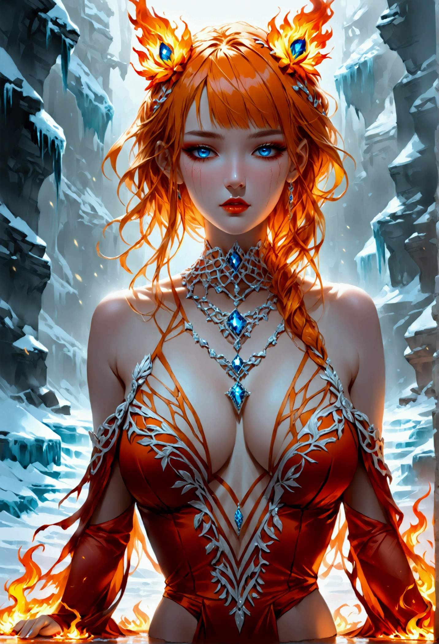 a glamour picture shot, of an elite model covered in fire walking on a icy catwalk, an extraordinary glamourous elite female model, ((full body: 1.5)),  ((anatomically correct: 1.5), (ultra detailed face: 1.2), best detailed face, orange hair, long hair, lush hair, glam hair cut, blue eyes, delicate face, light make up, wearing intricate detailed dress, glamour dress, haute couture dress, elite fashion dress, FireMagicAI,  small cleavage, wearing high heels, elegant high heels, she wears diamond necklace, she is covered in fire, she walks on an icy catwalk, image reflecting in the ice IceMagicAI, elite fashion show background, vibrant, Hyperrealism style, vibrant, Ultra-high resolution, High Contrast, (masterpiece:1.5), highest quality, Best aesthetics), best details, best quality, highres, ultra wide angle, 16k, [ultra detailed], masterpiece, best quality, (extremely detailed) RAW, FireMagicAI, IceMagicAI, Dark Art Painting Style