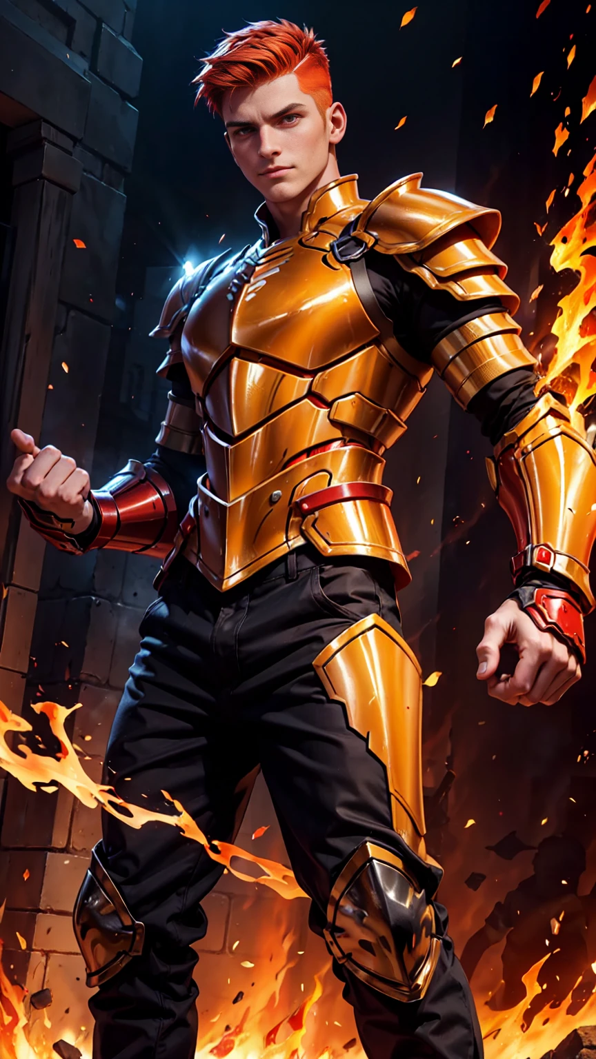 A handsome and charming man with a fiery red-orange undercut. He is a twink (golden and red armor: 1.2) and extremely muscular with perfect orange eyes. He is using fire magic with his hands, showcasing his marvelous fire powers against someone, cinematic, he is perfect (black pants: 1.2).