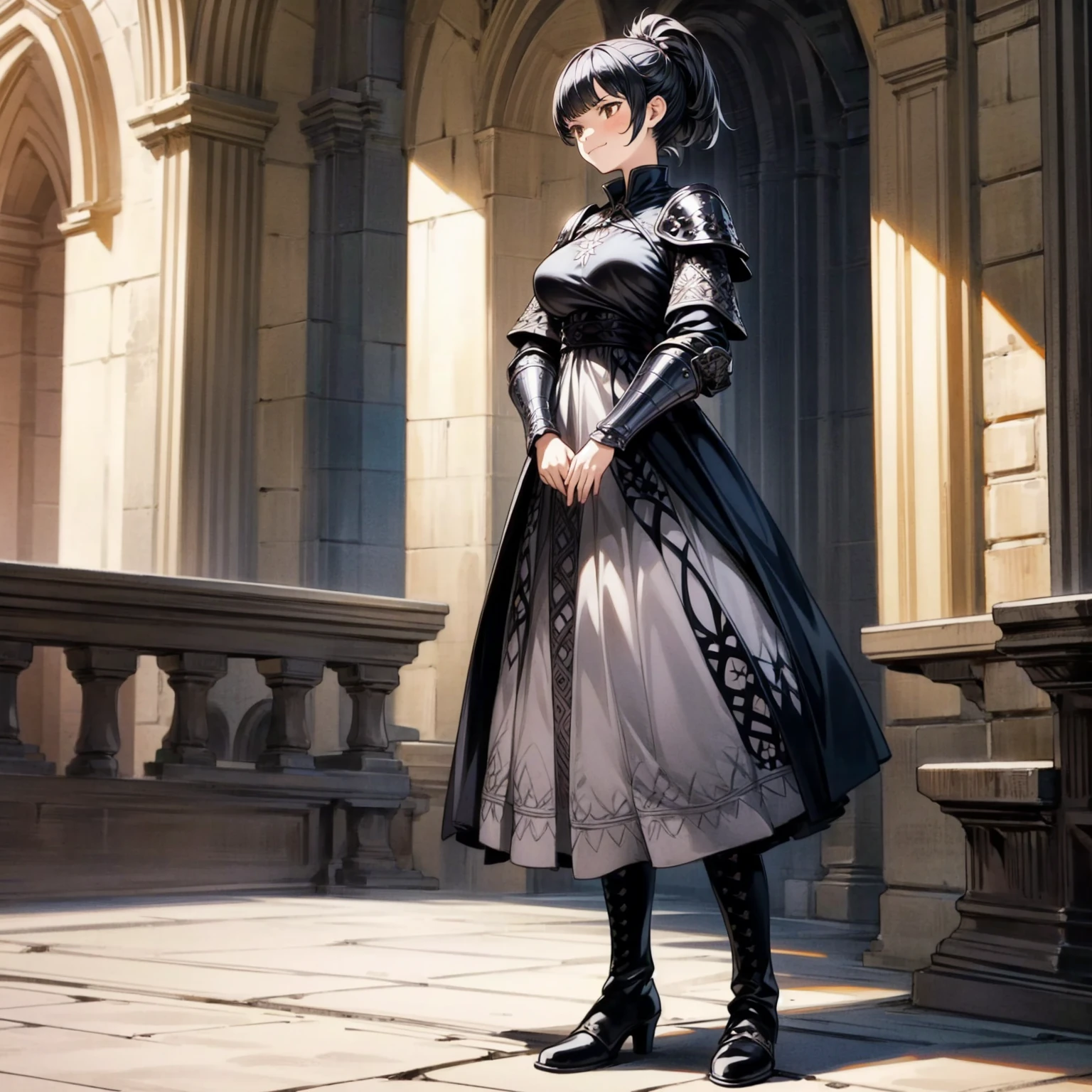 Solo character, full body version, girl, short hair, ponytail, black color hair, brown eyes, medieval soldier clothing, heavy armor, pink long dress, black boots, detailed shadow, (black clover style art), indoor, Castle, gesture bodyguard, sad eyes, smile mouth, Big breasts 