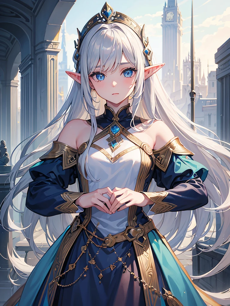 ((Best quality)), ((masterpiece)), (detailed), Young woman, elf, Long silver hair, nephelia, Nephi, a lot of small details in the eyes, hearts in the eyes, beautiful eyes, blue eyes, hearts in the eyes красивые.