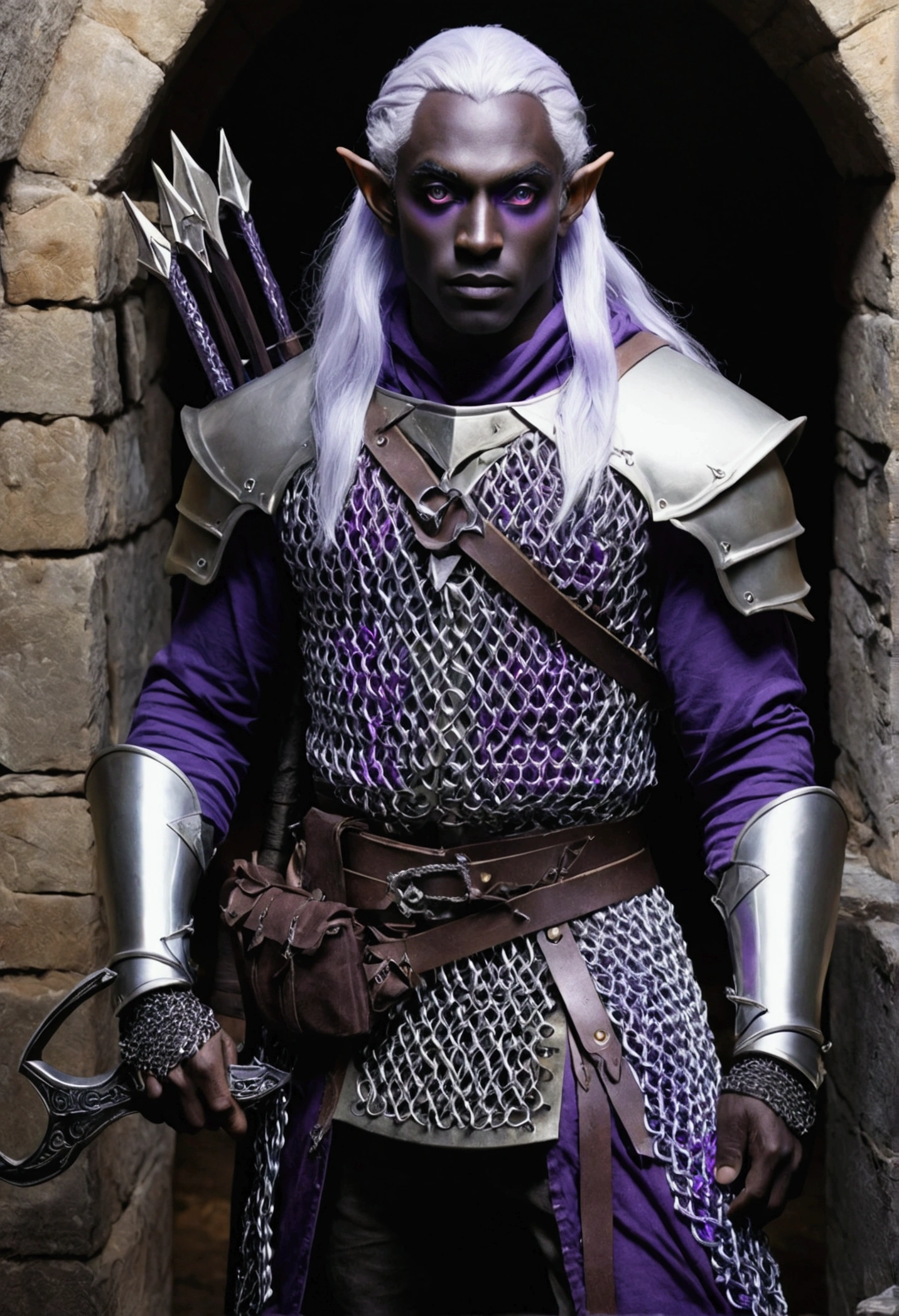 (Drow Elf Male)(Night black skin, violet tinged night spun chain mail, adventuring sacks and pouches, violet eyes, silver hair, magical bag on hip, one handed crossbow, sword in scabbard) look of contempt on his face, posing in a dungeon, viewer is not a worthy foe