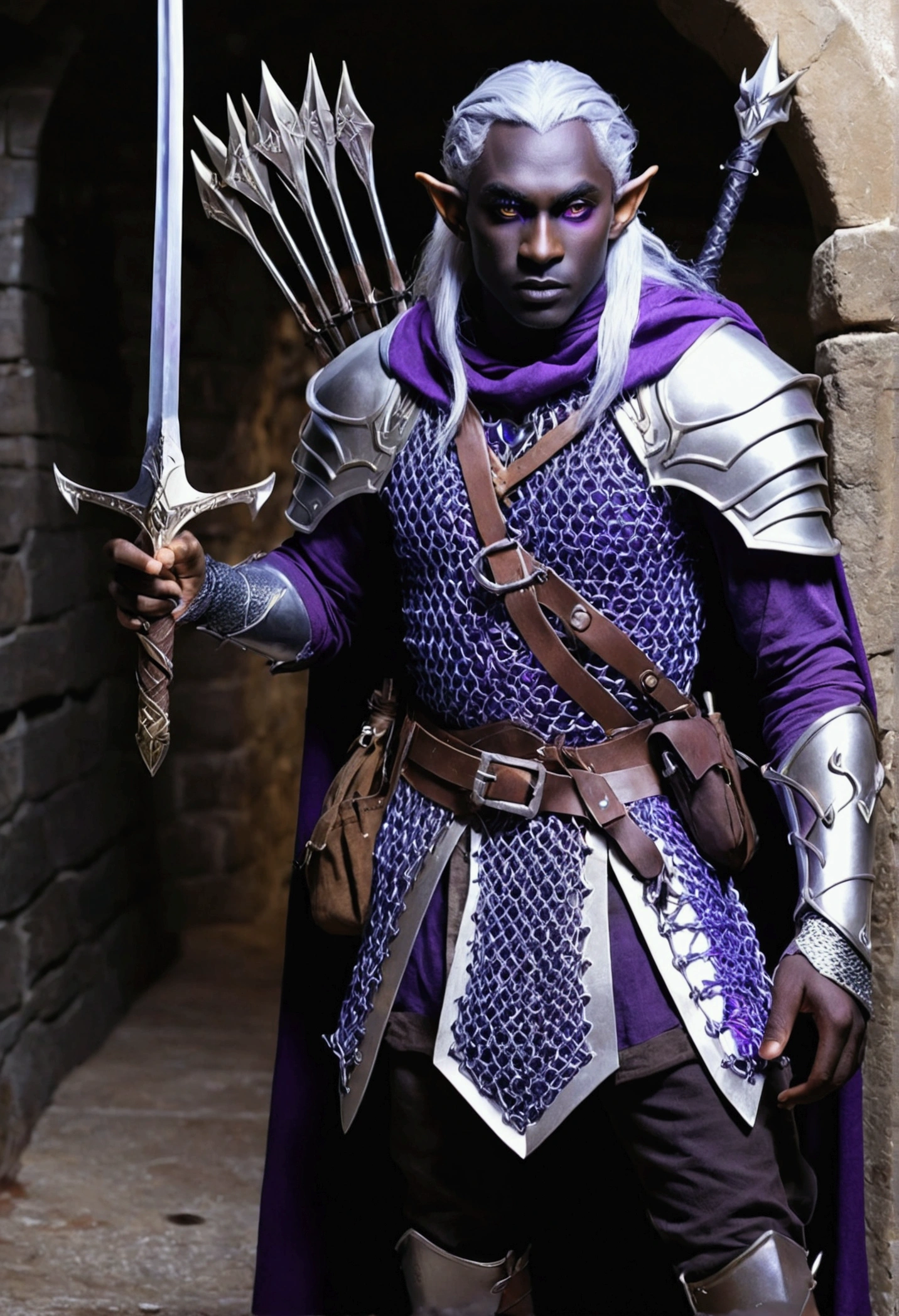 (Drow Elf Male)(Night black skin, violet tinged night spun chain mail, adventuring sacks and pouches, violet eyes, silver hair, magical bag on hip, one handed crossbow, sword in scabbard) look of contempt on his face, posing in a dungeon, viewer is not a worthy foe