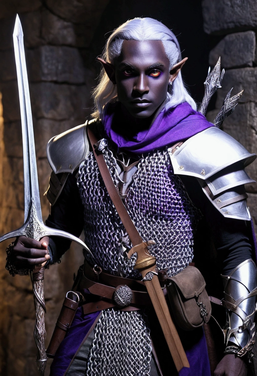 (Drow Elf Male)(Night black skin, violet tinged night spun chain mail, adventuring sacks and pouches, violet eyes, silver hair, magical bag on hip, one handed crossbow, sword in scabbard) look of contempt on his face, posing in a dungeon, viewer is not a worthy foe