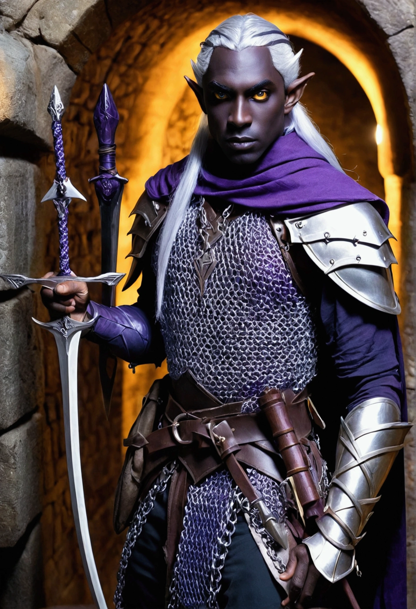 (Drow Elf Male)(Night black skin, violet tinged night spun chain mail, adventuring sacks and pouches, violet eyes, silver hair, magical bag on hip, one handed crossbow, sword in scabbard) look of contempt on his face, posing in a dungeon, viewer is not a worthy foe