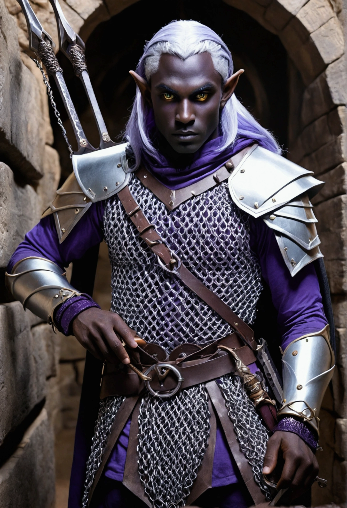 (Drow Elf Male)(Night black skin, violet tinged night spun chain mail, adventuring sacks and pouches, violet eyes, silver hair, magical bag on hip, one handed crossbow, sword in scabbard) look of contempt on his face, posing in a dungeon, viewer is not a worthy foe