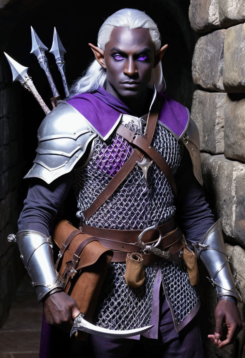 (Drow Elf Male)(Night black skin, violet tinged night spun chain mail, adventuring sacks and pouches, violet eyes, silver hair, magical bag on hip, one handed crossbow, sword in scabbard) look of contempt on his face, posing in a dungeon, viewer is not a worthy foe