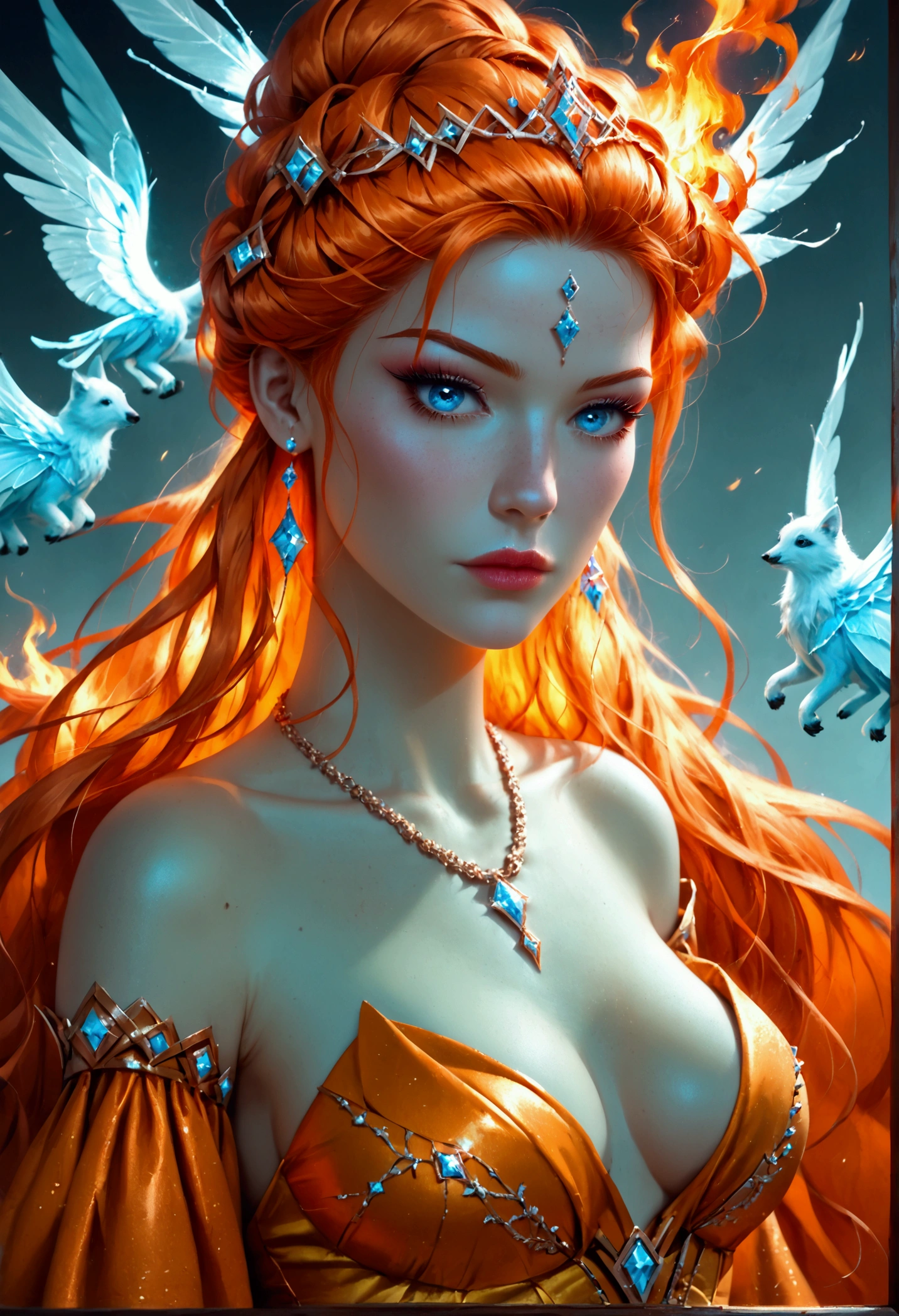 a glamour picture shot, of an elite model covered in fire walking on a icy catwalk, an extraordinary glamourous elite female model, ((full body: 1.5)),  ((anatomically correct: 1.5), (ultra detailed face: 1.2), best detailed face, orange hair, long hair, lush hair, glam hair cut, blue eyes, delicate face, light make up, wearing intricate detailed dress, glamour dress, haute couture dress, elite fashion dress, FireMagicAI,  small cleavage, wearing high heels, elegant high heels, she wears diamond necklace, she is covered in fire, she walks on an icy catwalk, image reflecting in the ice IceMagicAI, elite fashion show background, vibrant, Hyperrealism style, vibrant, Ultra-high resolution, High Contrast, (masterpiece:1.5), highest quality, Best aesthetics), best details, best quality, highres, ultra wide angle, 16k, [ultra detailed], masterpiece, best quality, (extremely detailed) RAW, FireMagicAI, IceMagicAI, Dark Art Painting Style