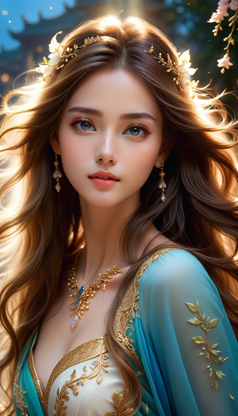 1girl, detailed gorgeous face, delicate features, long flowing hair, beautiful eyes, elegant expression, intricate jewelry, detailed skin, porcelain complexion, ethereal beauty, graceful pose, fantasy setting, glowing light, dreamlike atmosphere, cinematic lighting, (best quality,4k,8k,highres,masterpiece:1.2),ultra-detailed,(realistic,photorealistic,photo-realistic:1.37),vibrant colors, digital painting