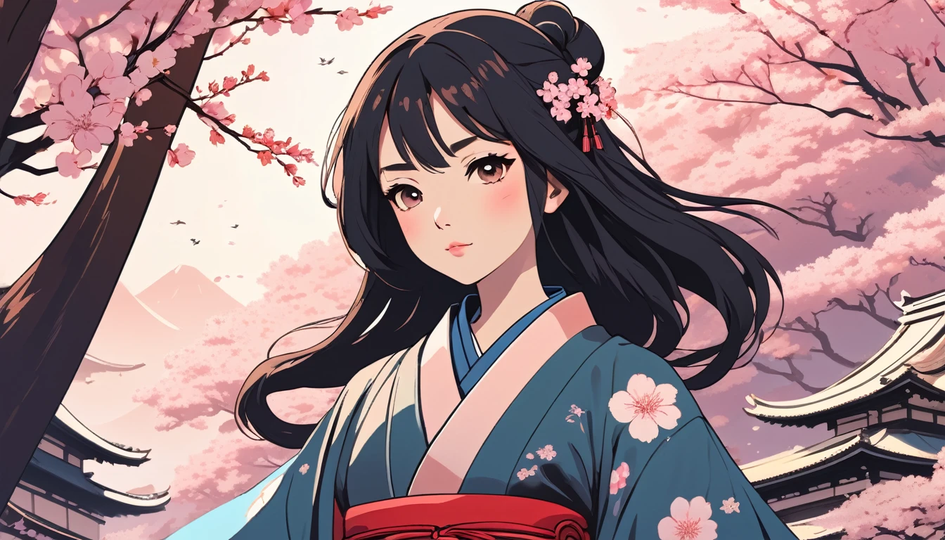 Female samurai, Japanese Temple、cherry blossoms、Wide-angle lens, Lofi Anime, Lofi illustration, Aesthetic atmosphere, Lo-Fi Style, Vector art, Flat Design, Simple shape, Warm tones, Pleasant atmosphere, Chill, In anime style, Digital drawing, Vector art, Vector logo for t-shirt printing, (Adorable:1.5), (small:1.4), (Playful:1.2), (soft:1.3), (Whimsical:1.1), masterpiece, Highest quality, 8k, Intricate details, grow, Celestial, Mysterious, Picturesque, amazing, Majestic, Magic, Fantasy art, Cover art, dream-like