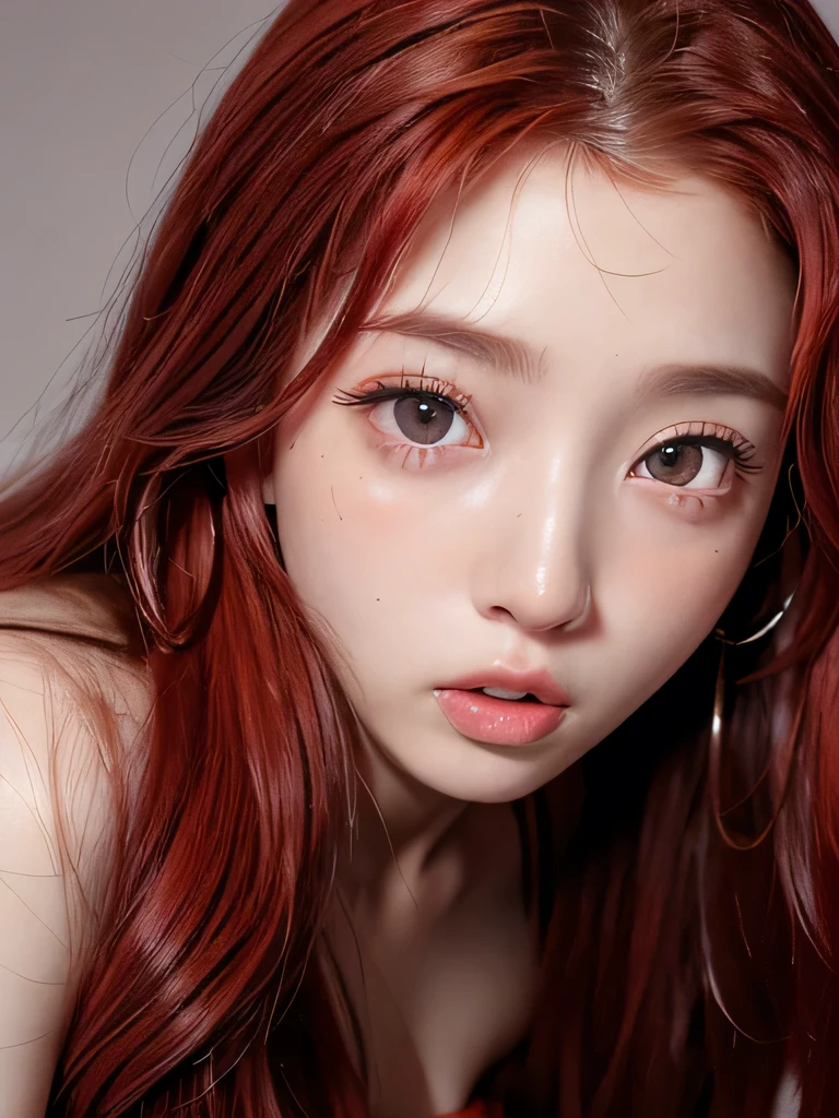 (masterpiece、Realistic woman),Woman kneeling、18-year-old、(Red hair、Wavy Hair、Long Hair、Forehead),blouse、Beautiful Eyes、sexy、(Open your mouth)、Sweat、(Close-up of face)、sfw、living