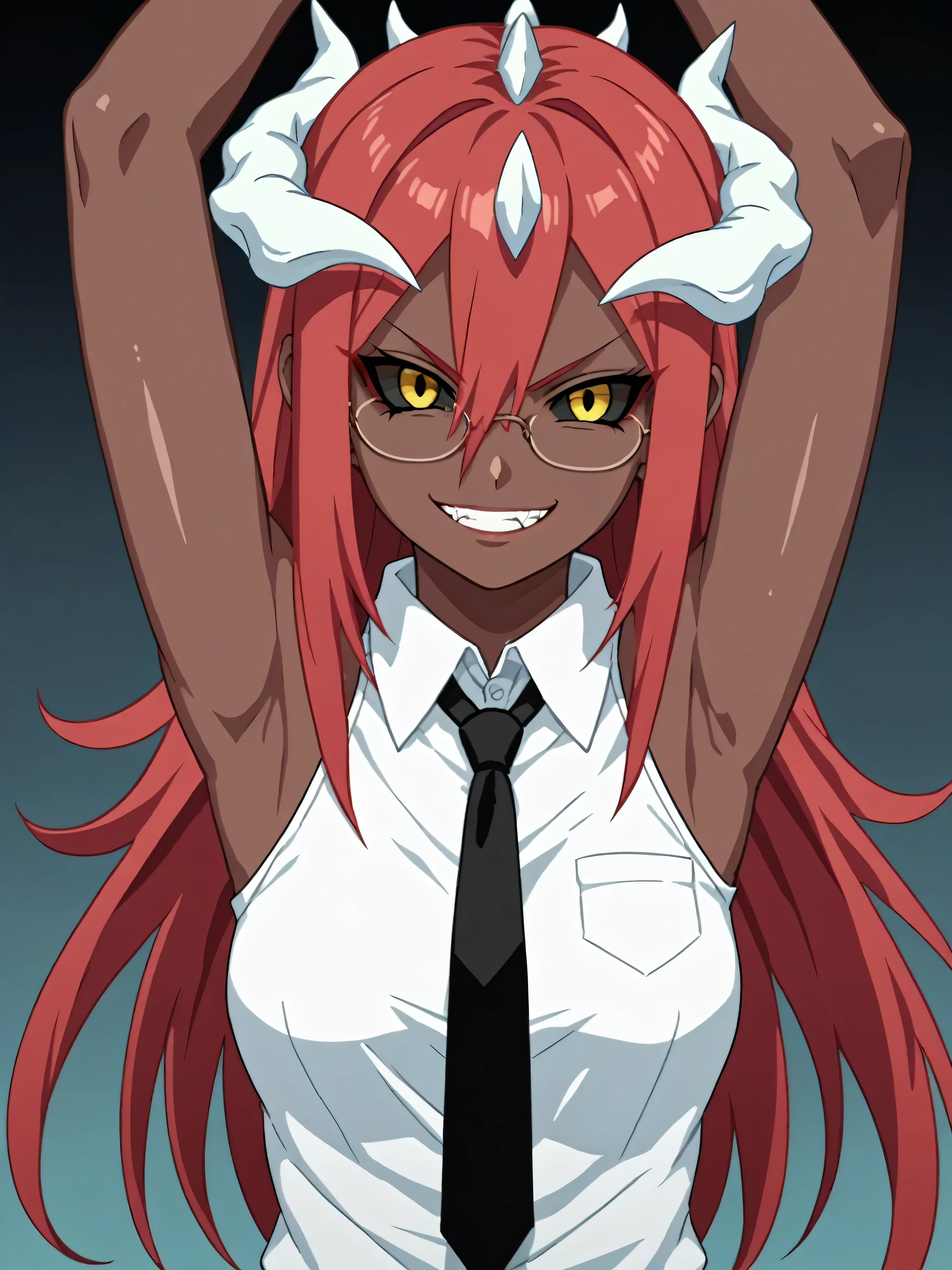 score_9, score_8_up, score_7_up, source_anime, tayuya, red hair, long hair, yellow eyes, white horns, dark skin, glasses, tie, necktie, black necktie, office lady, shirt, collared shirt, white shirt, formal shirt, sleeveless shirt, sleeveless, bare shoulders, bare arms, 1girl, solo, anime screencap, frontlighting, simple background, black background, dark background, soft light, shiny skin, shiny hair, looking at viewer, eye contact with viewer, evil smile, smirk, teeth, clenched teeth, arms up, raised arms, armpits, in the center, symmetrical, upright,