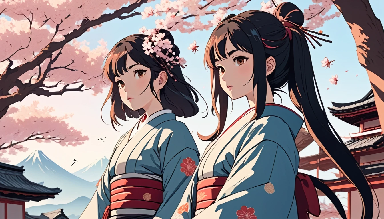 Female samurai, Japanese Temple、cherry blossoms、Wide-angle lens, Lofi Anime, Lofi illustration, Aesthetic atmosphere, Lo-Fi Style, Vector art, Flat Design, Simple shape, Warm tones, Pleasant atmosphere, Chill, In anime style, Digital drawing, Vector art, Vector logo for t-shirt printing, (Adorable:1.5), (small:1.4), (Playful:1.2), (soft:1.3), (Whimsical:1.1), masterpiece, Highest quality, 8k, Intricate details, grow, Celestial, Mysterious, Picturesque, amazing, Majestic, Magic, Fantasy art, Cover art, dream-like