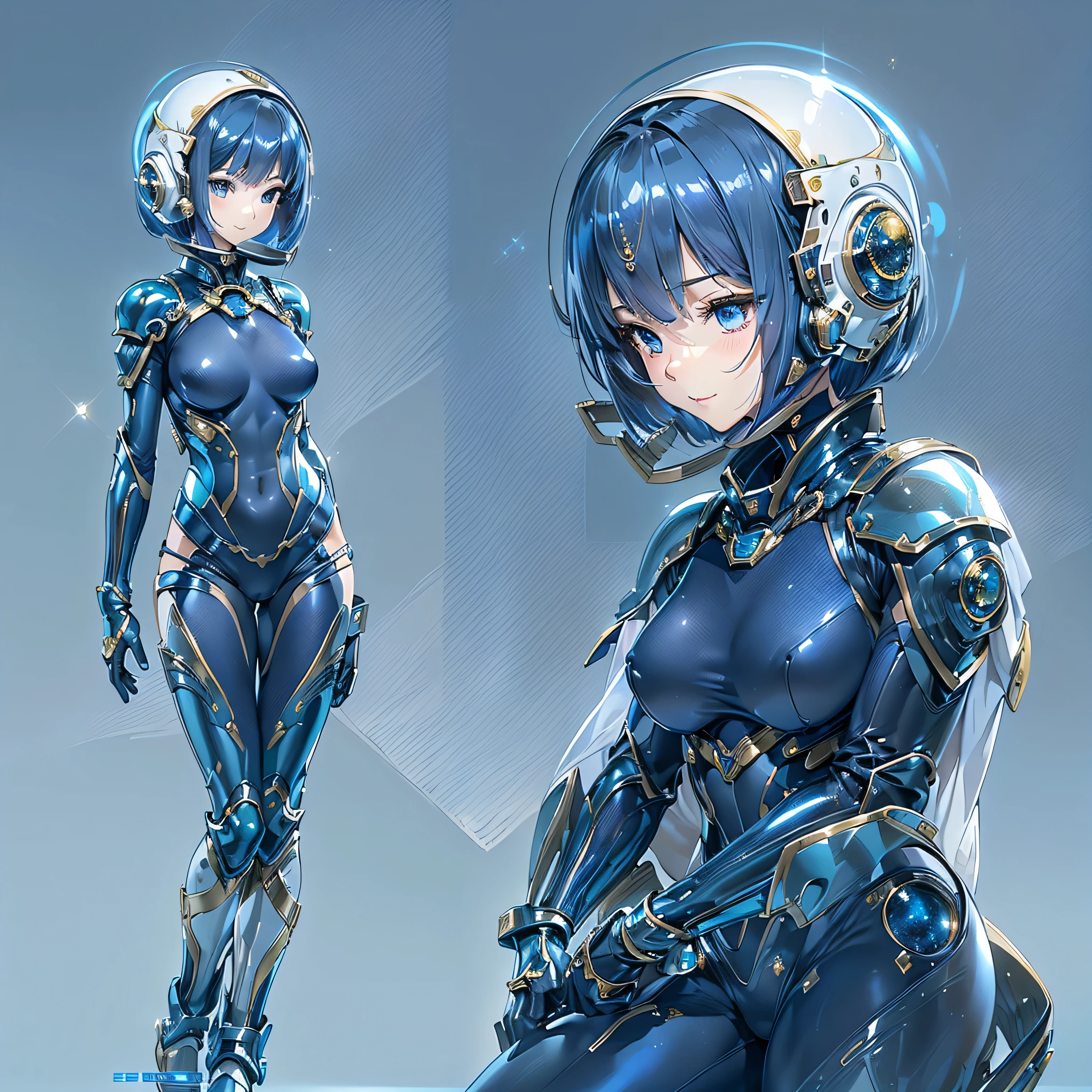 (masterpiece、Highest quality、Highest Resolution、Clear_image、Detailed details、Angle from above): (Whole body、One 20 year old girl、Japanese Faces、Small Face、Slender、Navy blue super short bob cut hair、(Hidden small breasts:1.3)、Sparkling blue eyes、Shiny pilot suit in blue and black colors、Chest protection armor、Tight fitting clothes、Clothing that covers the whole body、Glamorous clothes、Tight Fit Pants、Hide your skin、Very delicate and beautiful、Detailed Skin、hide thighs、Hide your ass、Cute、A gentle smile、Soft expression、heroine、headset、Knee-high boots、Elbow-length gloves、Eye Level Shot、Face directly、Woman on a spaceship)