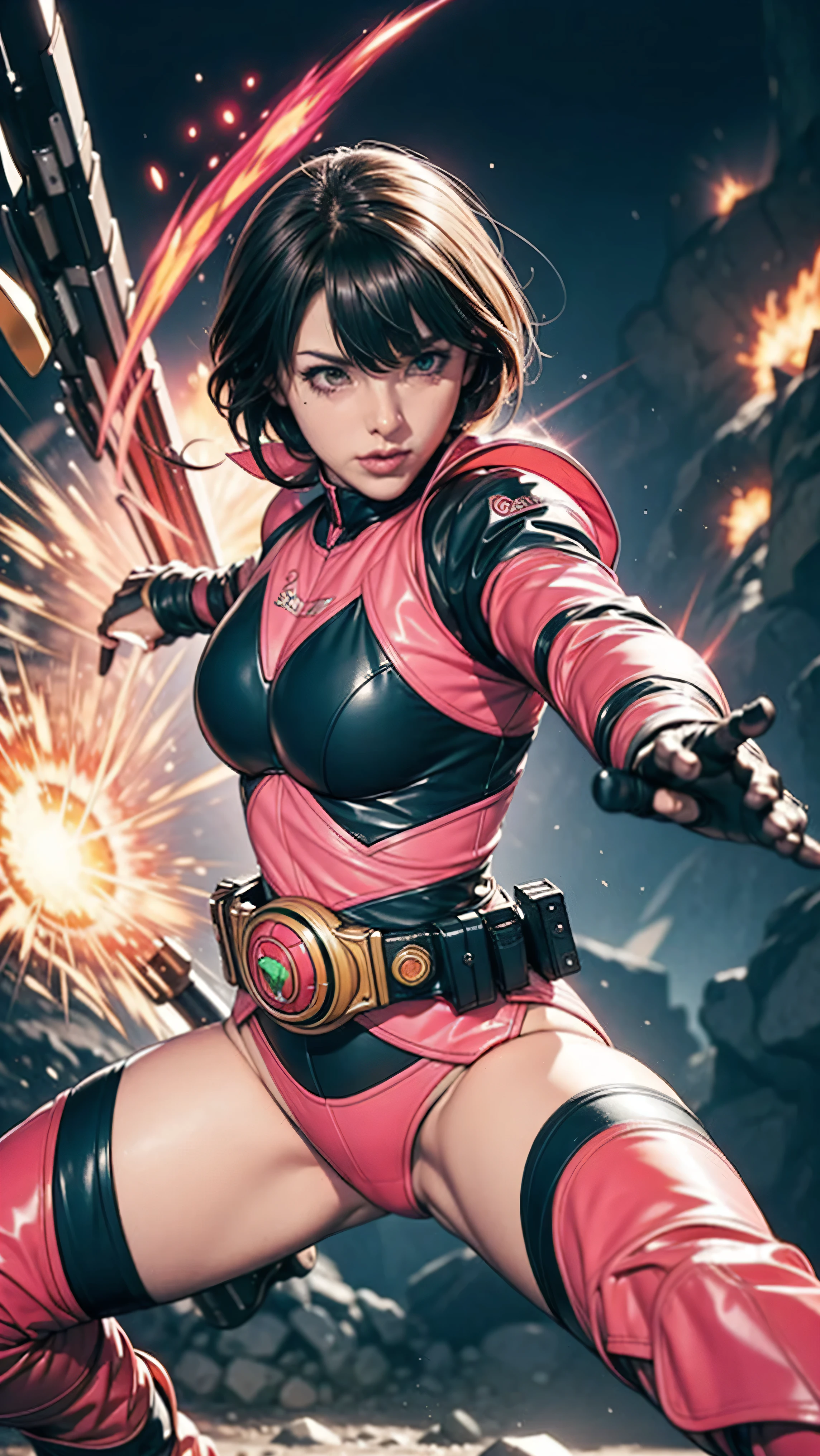 good better hand, Solo, A brave and courageous image of a 6 member ranger team, Each one is decorated in vibrant colors such as:: ((Pink)), red is front of center, violet, Green, yellow, blue black, white,. Heart motif belt, Dynamic poses in a background that exudes energy and courage, neon, fire, plasma, Fluorescent, shocking, pink big bomber, splashing pink, running, fighting pose, action pose, Embodying the essence of the classic Sentai superhero team. Each Ranger:: The attire is sophisticated and modern, Each color has elements that reflect its theme., Ready for action. ((Camel Toe)), weapons, in sunset background , in cinematic lighting, cover art mixed cinema poster style,