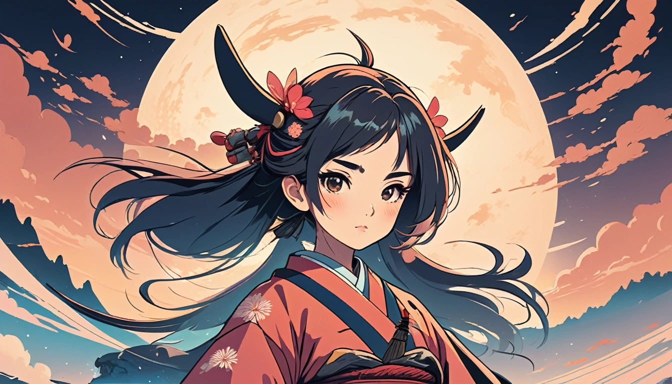 Female samurai, Wide-angle lens, Lofi Anime, Lofi illustration, Aesthetic atmosphere, Lo-Fi Style, Vector art, Flat Design, Simple shape, Warm tones, Pleasant atmosphere, Chill, In anime style, Digital drawing, Vector art, Vector logo for t-shirt printing, (Adorable:1.5), (small:1.4), (Playful:1.2), (soft:1.3), (Whimsical:1.1), masterpiece, Highest quality, 8k, Intricate details, grow, Celestial, Mysterious, Picturesque, amazing, Majestic, Magic, Fantasy art, Cover art, dream-like