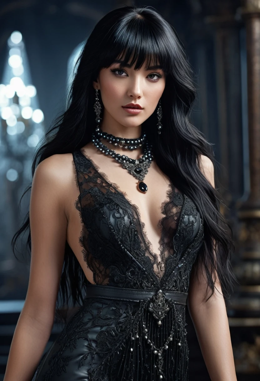 Female woman long black hair with bangs, Black leather and lace long gown with deep v-neck front and back of gown with black pearls, black lace choker and long black diamond necklace, and black leather high heels, detailed matte painting, deep color, fantastical, intricate detail, splash screen, complementary colors, fantasy concept art, 8k resolution trending on Artstation Unreal Engine 5,
