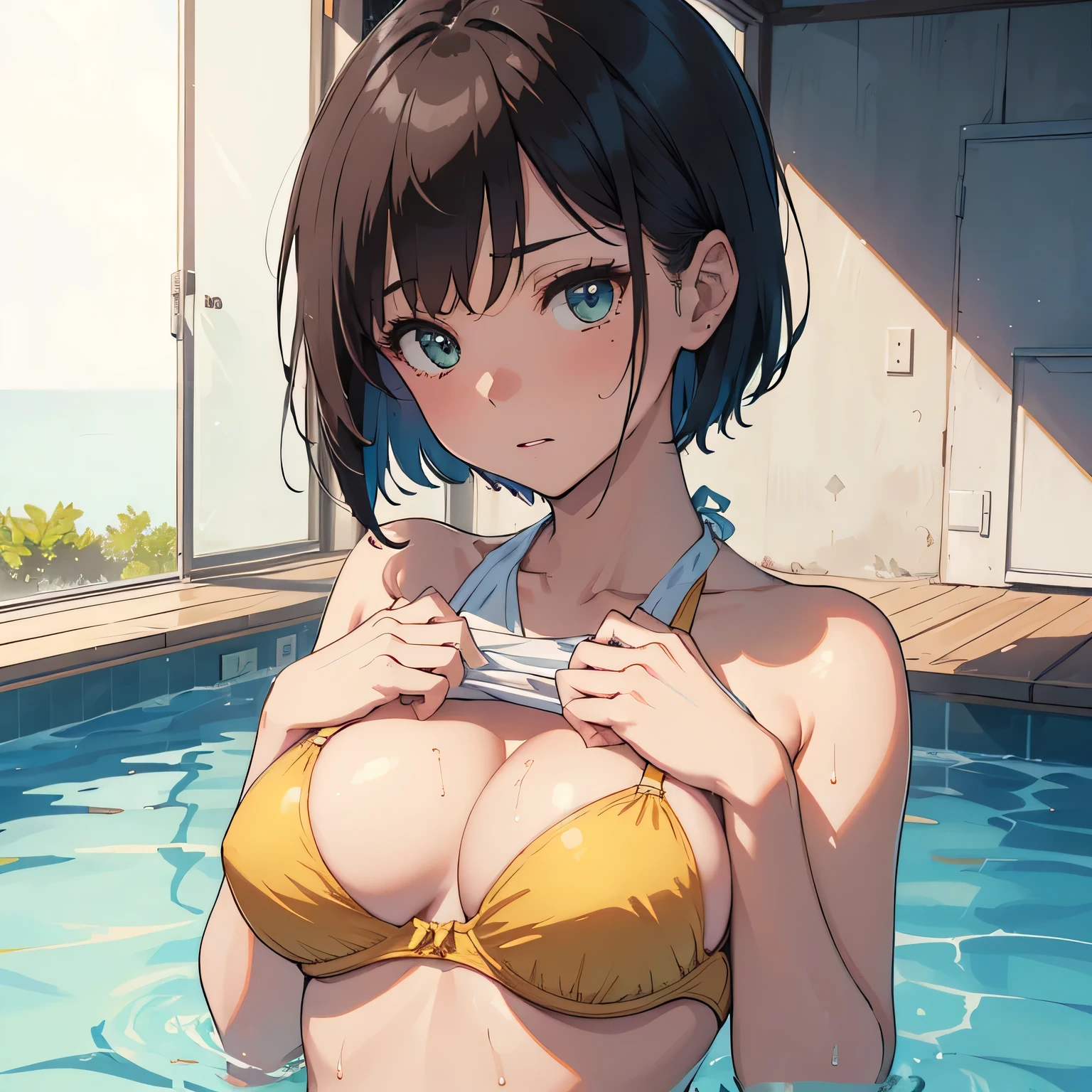 NSFW:1.2, ((pointed chest:1.6)), ((white T-shirt lift:1.2)), nipple:1.2, 1 beauty, Slightly tanned girl,Very light purple eyeshadow,Traces of swimwear, Watery Big Eyes,Beautiful constriction,(Flustered expression),embarrassed from, long eyelasher,Blushlush, in poolside, Wet whole body, ((yellow green Bikini swimwear)),(Anti-Bull Bra Shoulder Straps),(Remove your bra and go topless:1.2)), bra lift:1.2, (dishevled hair:1.2),bustshot, Dynamic Angle Zoom, ((boyish short hair:1.4))