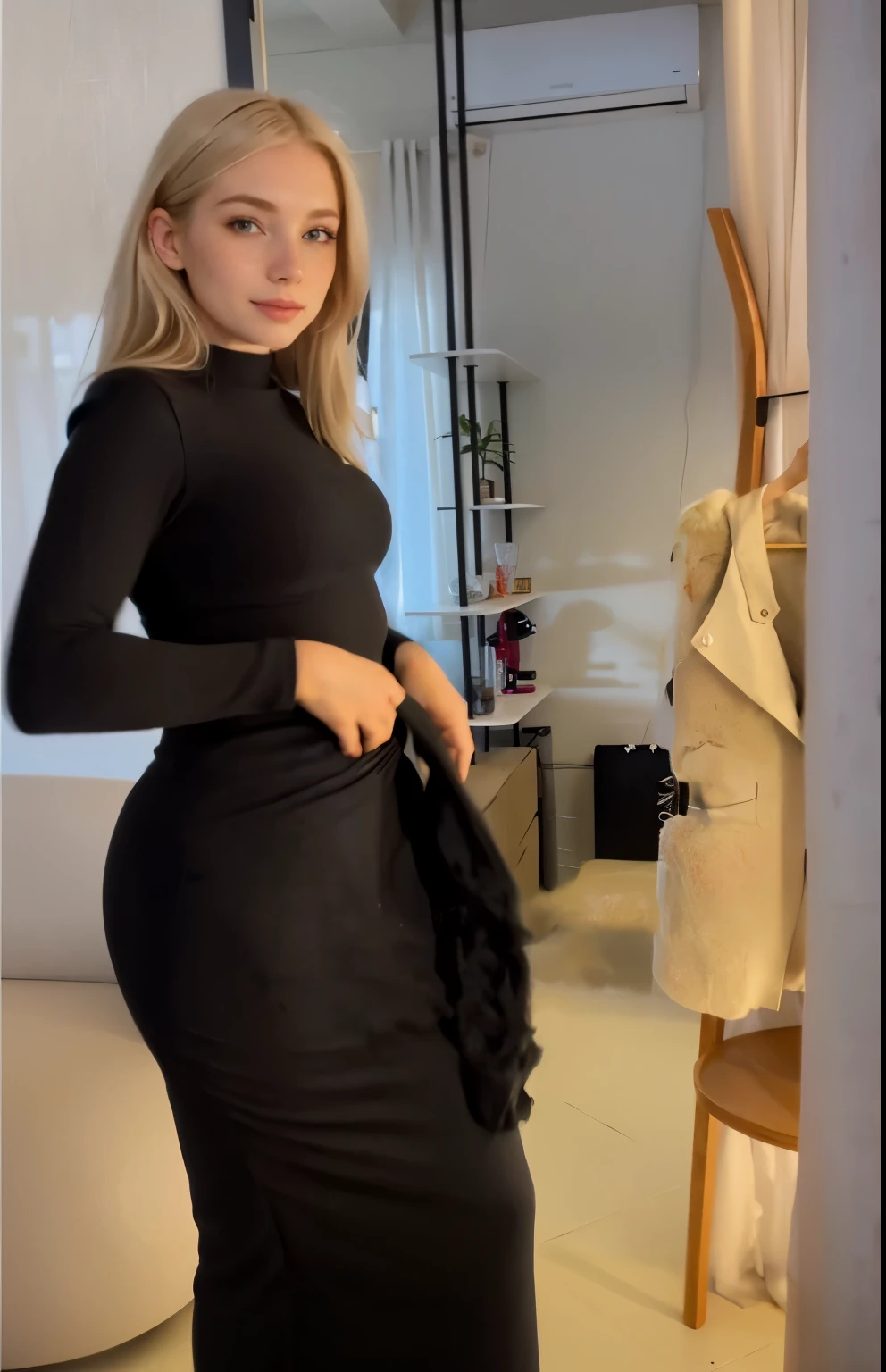 Woman, americana, age 25, pale skin and freckles, grey-eyed, delicate nose, soft and delicate lips, distant, cabelo blondie distant e ondulado na altura da cintura, Sweet smile, face with delicate feminine facial features, highly rendered, black leather pants