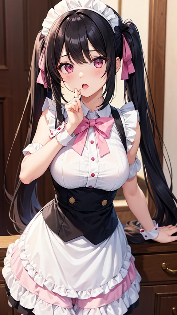 (Highest quality), (masterpiece), 1080P, High resolution, 4K, 8K, Maid clothes, Heart hole in chest, Heart motif, Cleavage, Only the chest is exposed, black panties, Leg spread, Low angle, cry, They hesitate, run away, Embarrassing, Are crying, socks, bag, Long black hair, Apartment, At the door, Outdoor, night,