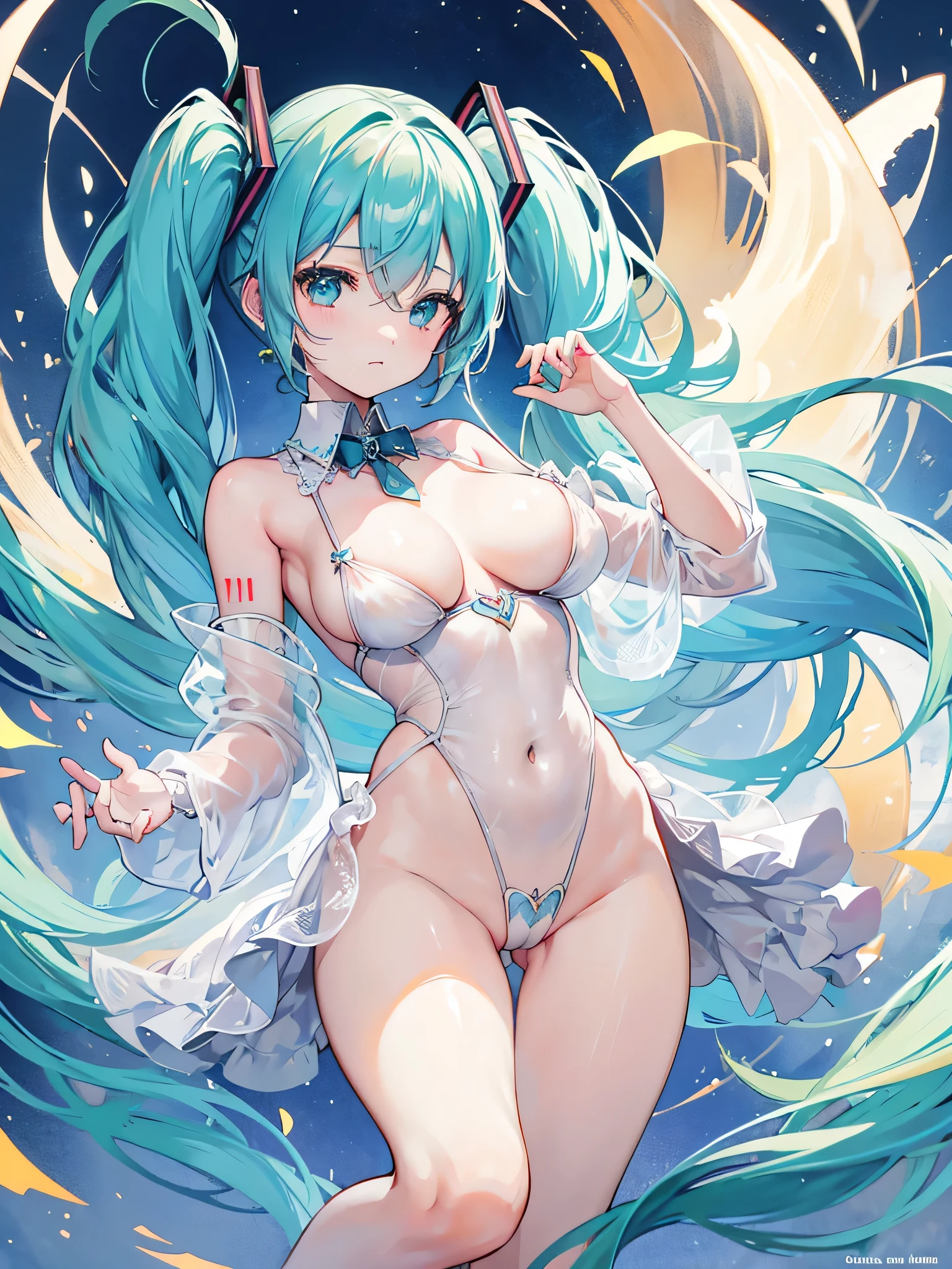 Hatsune Miku, huge tits, translucent lingerie tight to the body, erect nipples, camel toe 