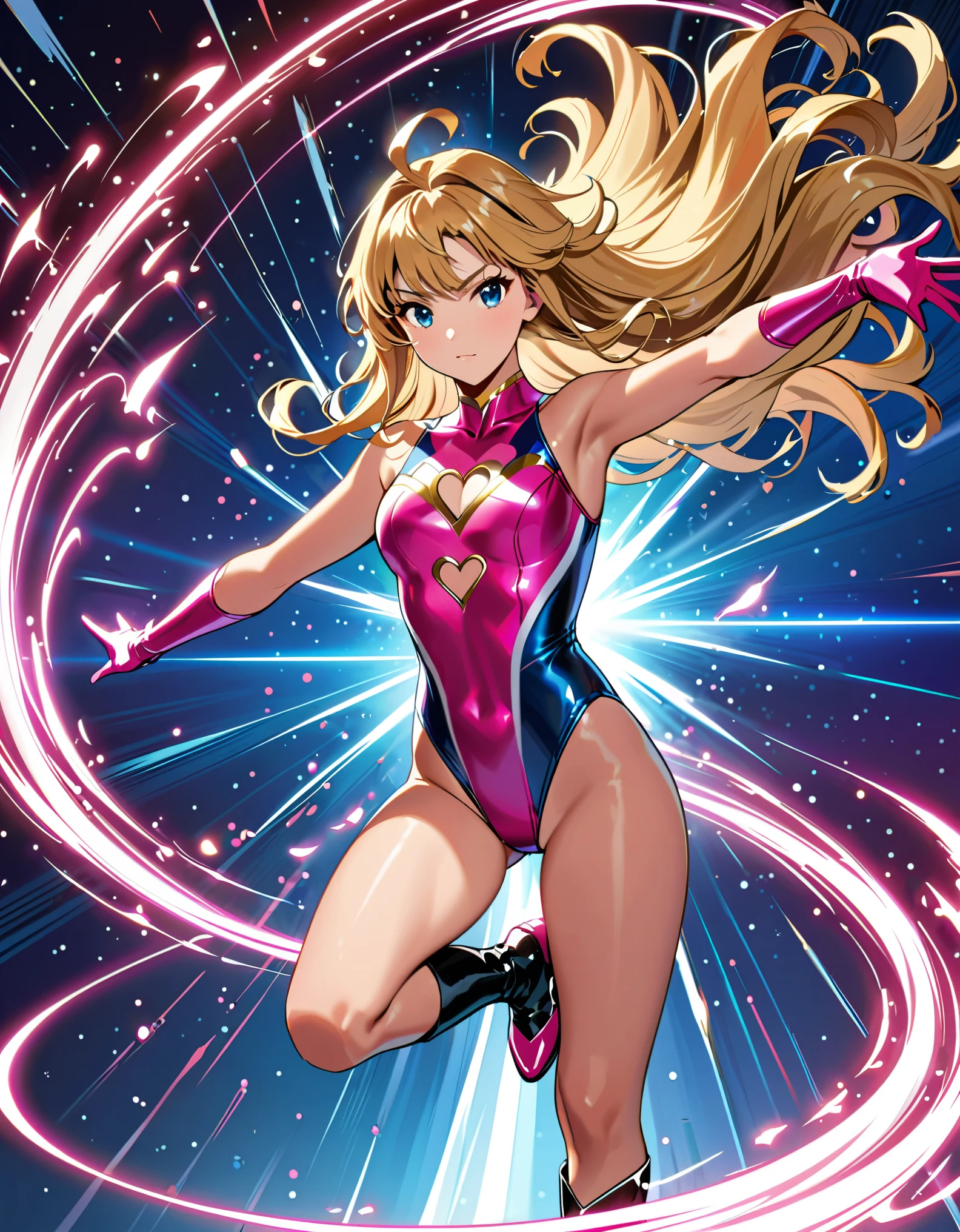 (masterpiece), (best quality), (high res), 1girl, solo, solo focus, superhero, (gymnast leotard, sleeveless, competition swimsuit), bare legs, matching boots, looking at viewer, perfect hands, perfect eyes, perfect leotard, perfect legs, perfect arms, perfect fingers, medium breasts, pink leotard, (blonde hair), long hair, knee boots, blue eyes, ((heart cutout)), cute face, hair down, bangs, ahoge, sleeveless, pink gloves, pink footwear, (cleavage cutout), serious, full body with costume, cowboy shot, space backdrop. (T-pose, twirls while standing with legs close together, one leg bent). (spins fast in place like a tornado, whirls fast in place like a tornado, tornado whirling, (spiral lines around her, spinning energy pulse around her), storm winds around her, whirls into a tornado, (she whirls) in (super speeds)). full body costume design. curved sword slash. she super-spins. time travel, time warp.