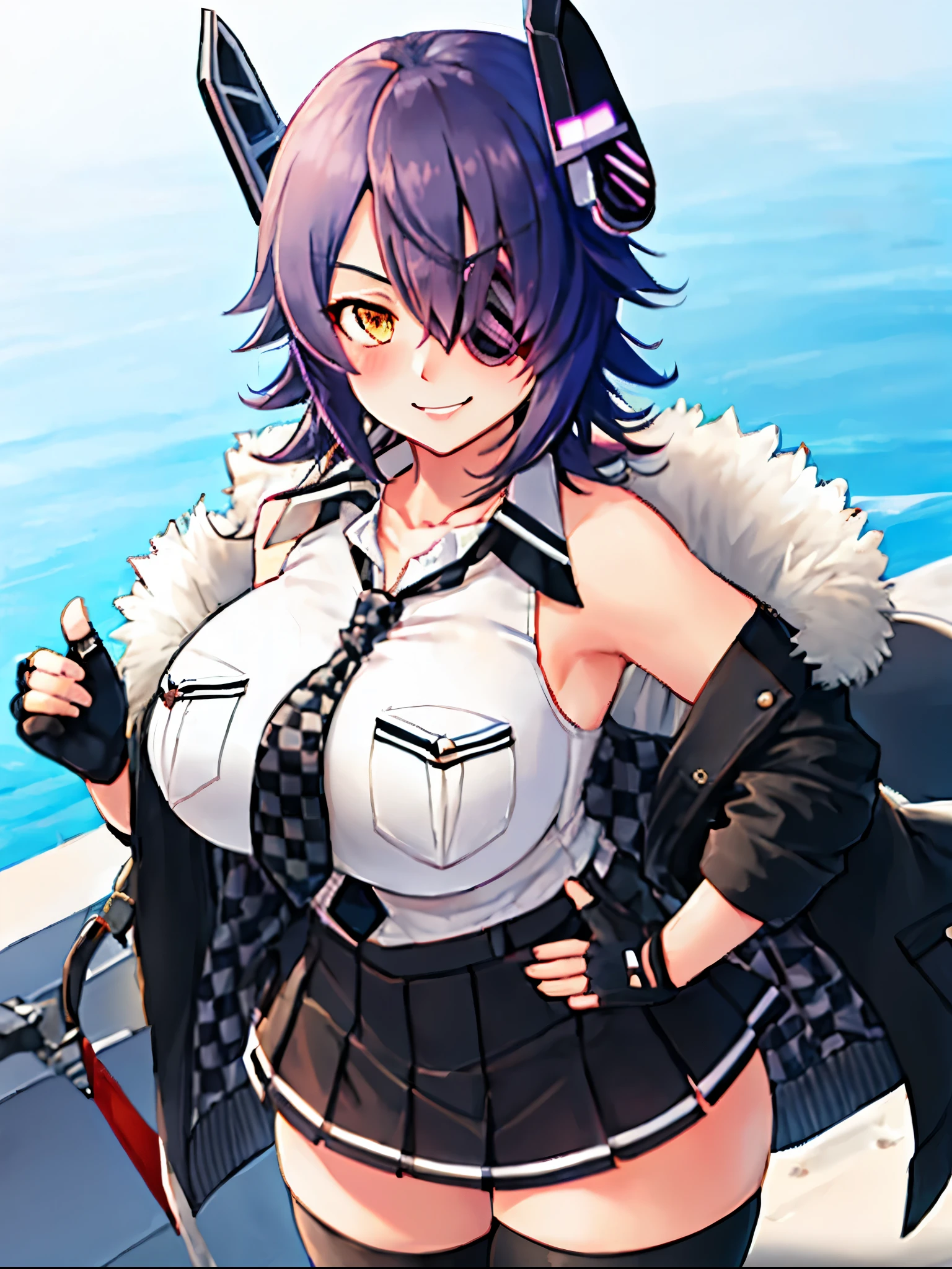 best quality, masterpiece, solo, {tenryuu_kantaicollection:1.15}, teen_girl, eyepatch, short_hair, purple_hair, yellow_eyes, headgear, breasts, necktie, large_breasts, smile, 1girl, blush, checkered_necktie, hair_over_one_eye, shirt, collared_shirt, white_shirt, jacket, sleeveless, brown_eyes, fur-trimmed_jacket, fur_trim, collarbone, looking_at_viewer, pocket, breast_pocket, ,, messy_hair, black_gloves, gloves, partially_fingerless_gloves,harbor_road_landscape_background,outdoor,short_skirt,thigh-highs,boots,sunlight,from_below,solo