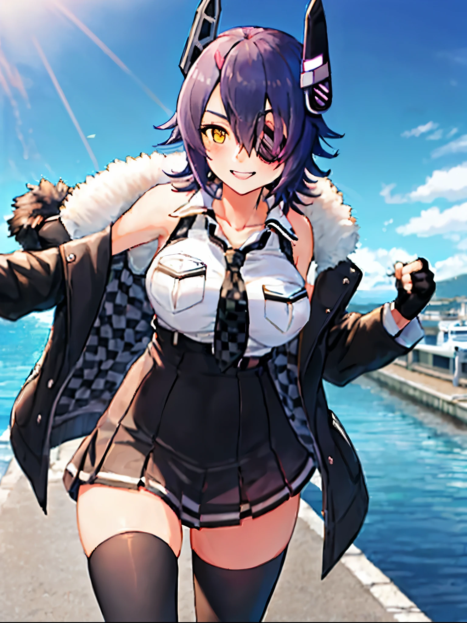 best quality, masterpiece, solo, {tenryuu_kantaicollection:1.15}, _girl, eyepatch, short_hair, purple_hair, yellow_eyes, headgear, breasts, necktie, large_breasts, smile, 1girl, blush, checkered_necktie, hair_over_one_eye, shirt, collared_shirt, white_shirt, jacket, sleeveless, brown_eyes, fur-trimmed_jacket, fur_trim, collarbone, looking_at_viewer, pocket, breast_pocket, ,, messy_hair, black_gloves, gloves, partially_fingerless_gloves,harbor_road_landscape_background,outdoor,short_skirt,thigh-highs,boots,sunlight,from_below,solo