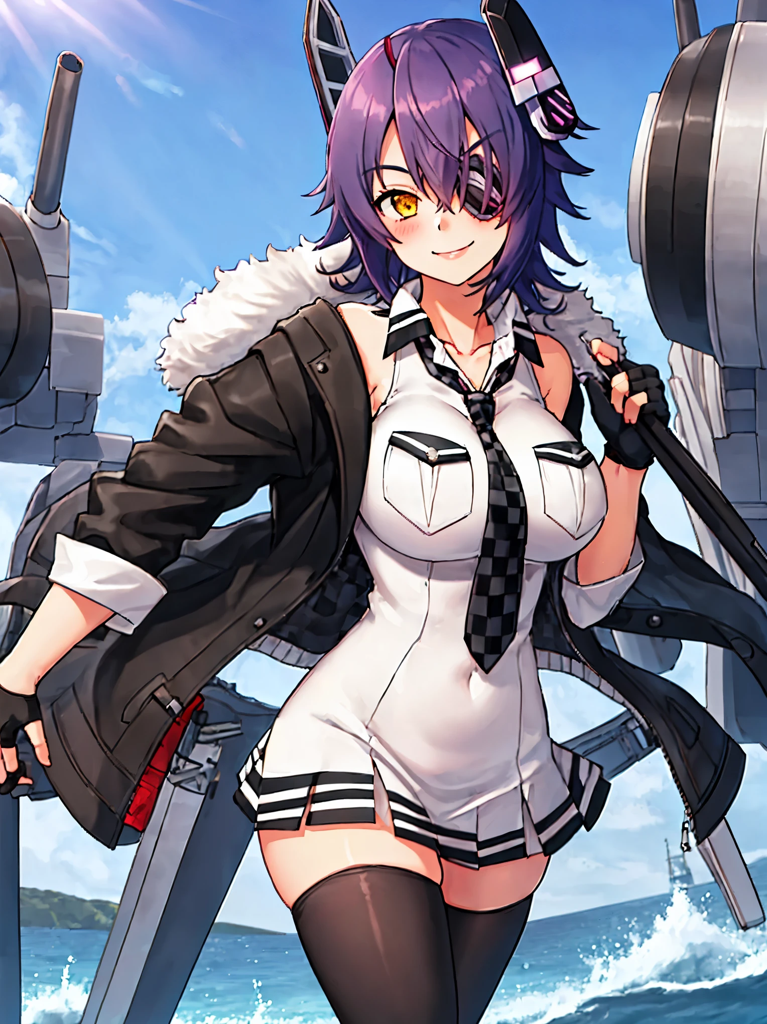 best quality, masterpiece, solo, {tenryuu_kantaicollection:1.}, teirl, eyepatch, short_hair, purple_hair, yellow_eyes, headgear, breasts, necktie, large_breasts, smile, 1girl, blush, checkered_necktie, hair_over_one_eye, shirt, collared_shirt, white_shirt, jacket, sleeveless, brown_eyes, fur-trimmed_jacket, fur_trim, collarbone, looking_at_viewer, pocket, breast_pocket, ,, messy_hair, black_gloves, gloves, partially_fingerless_gloves,harbor_road_landscape_background,outdoor,short_skirt,thigh-highs,boots,sunlight,from_below,solo