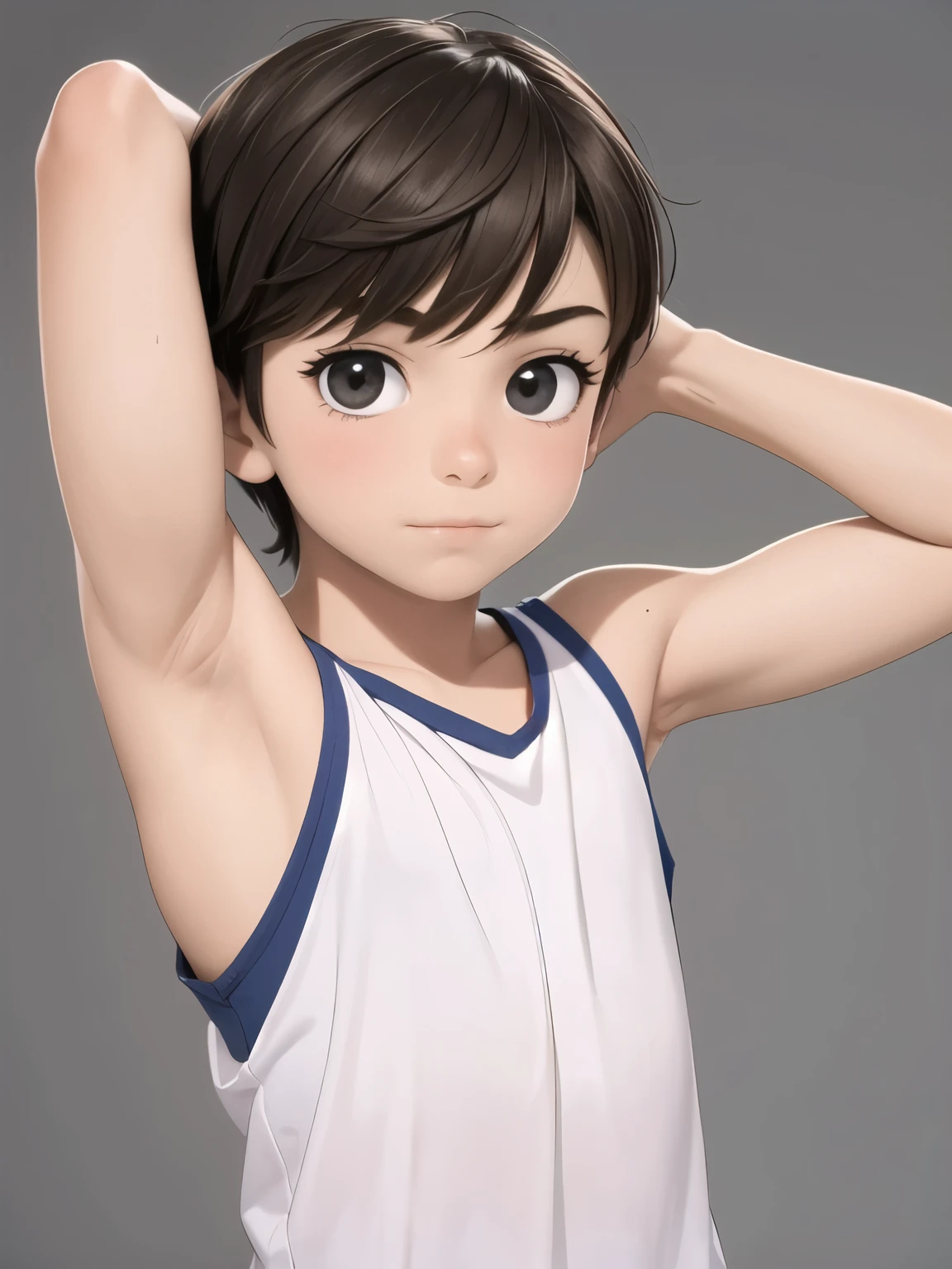 Highres, Masterpiece, Best quality at best,Best Quality,hight quality, hight detailed, Anime style, age 12, 1boy, Boy, Shota, Solo person, young boy, upper body, slim body, Sleeveless shirt, bare shoulder, grey background, (Showing armpit:1.3), Give me a picture of the armpit of a young boy, the armpit looks clean and smells good, the armpit is very beautiful, the boy is teasing using his armpit, shine closer to the armpit, Cute armpit, Sexy armpit, seductive armpits, Such a cute smooth armpit, The armpits of a old boy, Adorable little armpits, Give me a proportional picture of a 12 yeary's armpits, (very young boy), (Very small and short body), uhd, bokeh