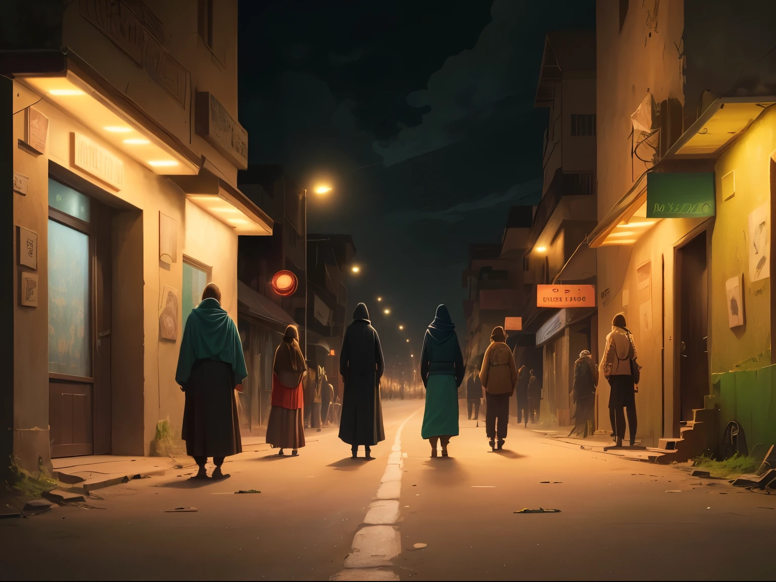 ((best quality)), ((masterpiece)), (detailed), A digital illustration of a dark and empty deserted Indian street at night, with group of people looking sad and lost