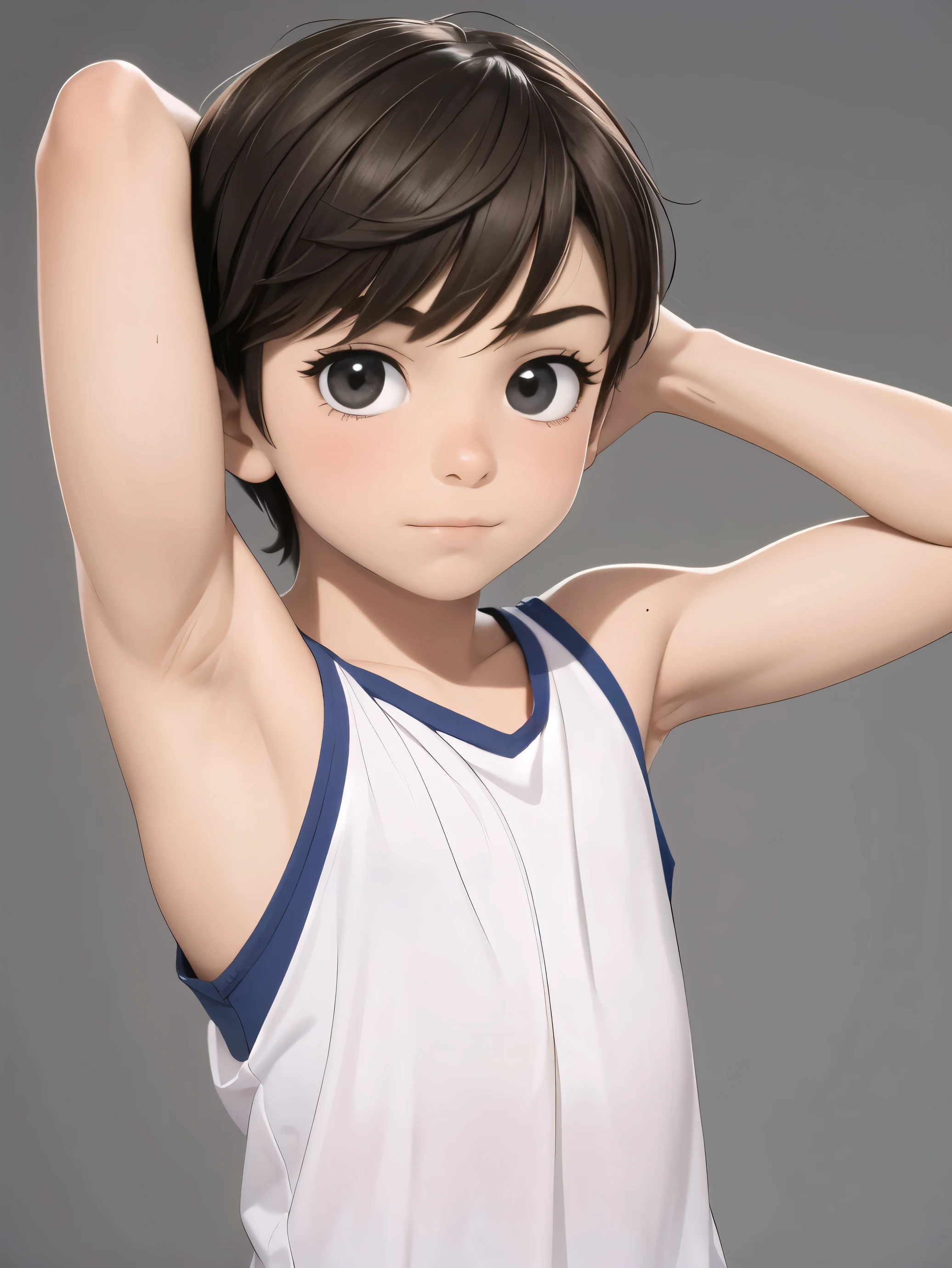 Highres, Masterpiece, Best quality at best,Best Quality,hight quality, hight detailed, Anime style, age 12, 1boy, Boy, Shota, Solo person, young boy, upper body, slim body, Sleeveless shirt, bare shoulder, grey background, (Showing armpit:1.3), Give me a picture of the armpit of a young boy, the armpit looks clean and smells good, the armpit is very beautiful, the boy is teasing using his armpit, shine closer to the armpit, Cute armpit, Sexy armpit, seductive armpits, Such a cute smooth armpit, The armpits of a 12 year old boy, Adorable little armpits, Give me a proportional picture of a 12 year old boy's armpits, (very young boy), (Very small and short body), uhd, bokeh