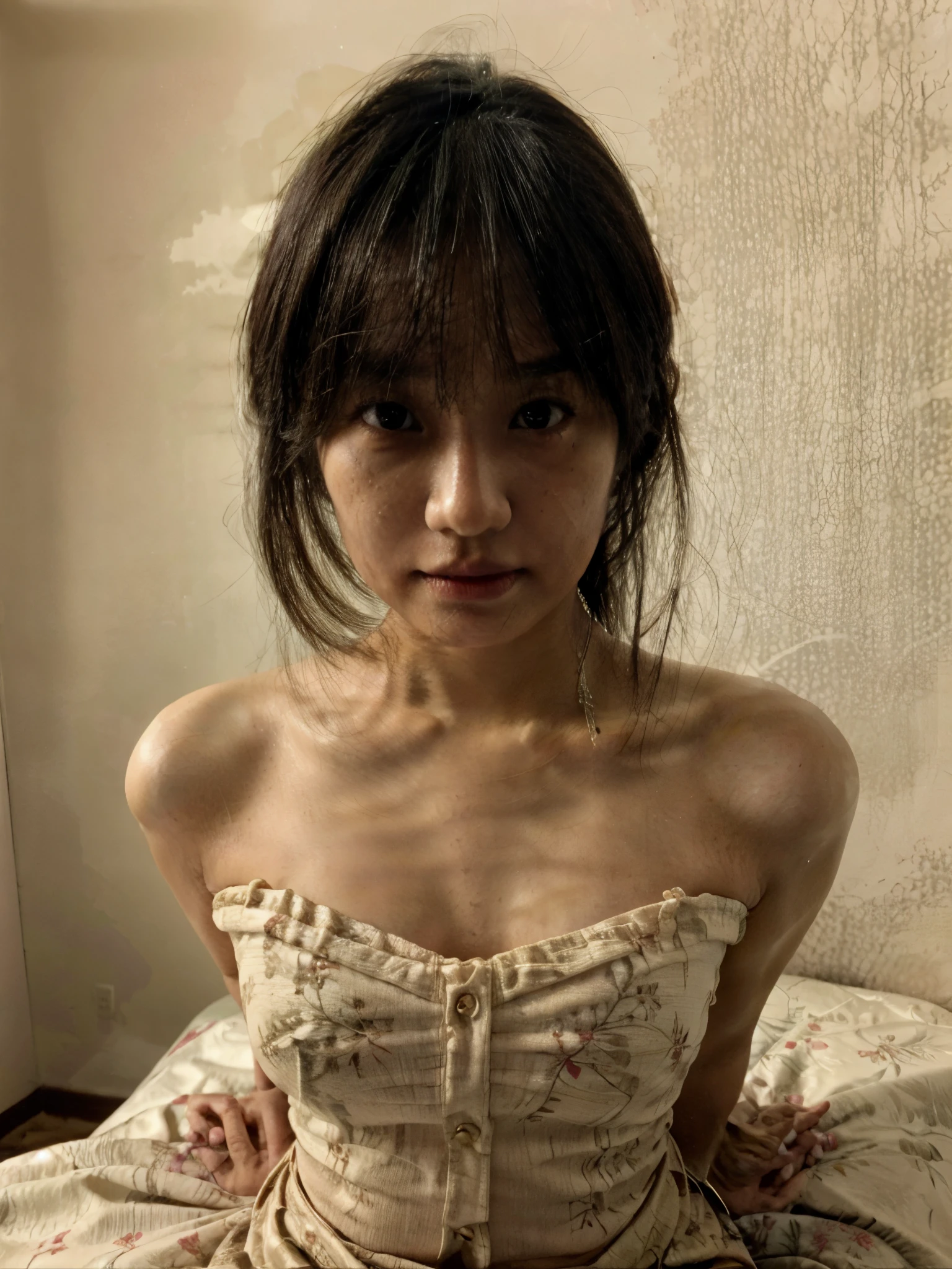 lens: 185mm f2.4,(highest quality), Ultra-high resolution，((美しい11 years ),Slim and  Japanese girl),(Delicate and very slim body,(((Flat Chest)，Small breasts),Erect nipples,Delicate clavicle,Delicate shoulders,thin long neck))，((Moist lips), Narrow eyes, double eyelid,Long eyelashes,No makeup,Embarrassed),Sit on the bed with your legs spread，(Thin camisole|Her nipples are visible through her camisole))，Hair Bun，(Remove your panties to expose your sensitive genitals),((Spotted sunlight:1.0), Dramatic lighting,in house)，Looking into the camera,11 om below