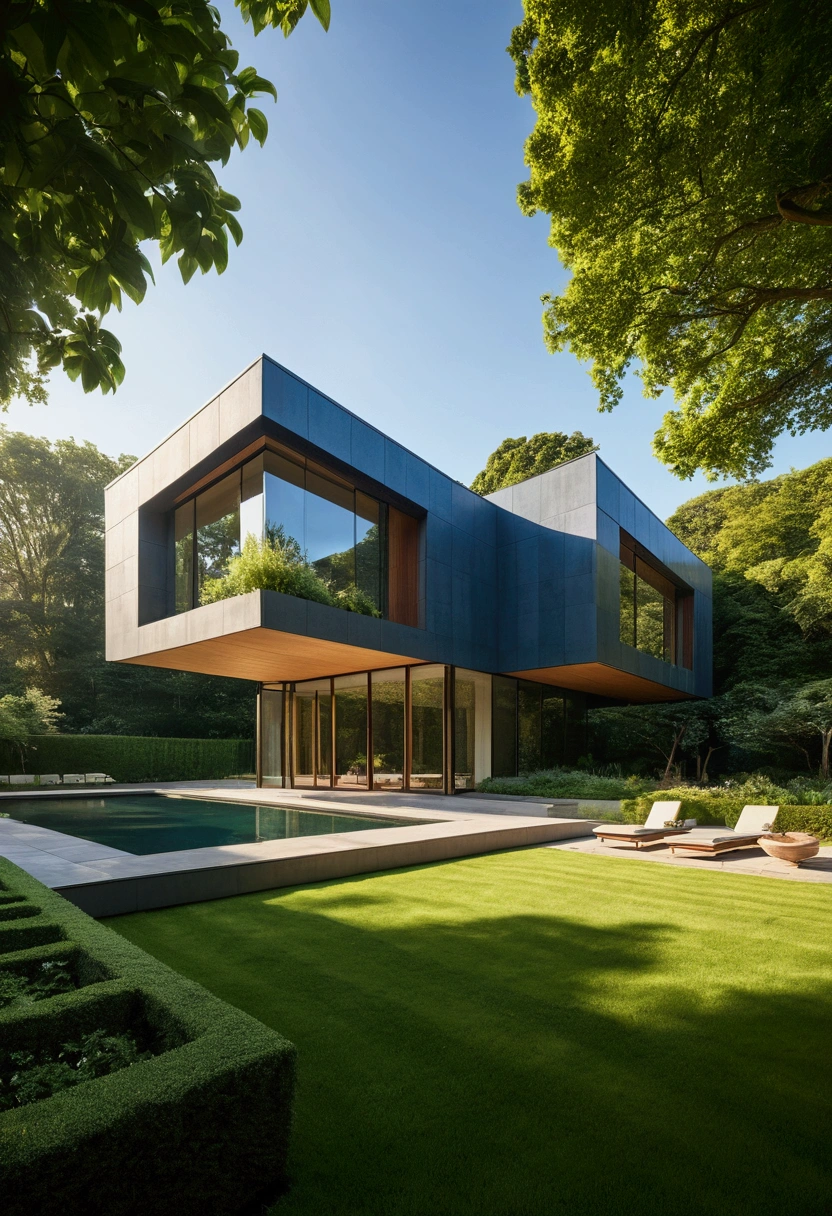 A sleek, minimalist modern building, bathed in warm sunlight, stands in the heart of a lush, verdant garden. The building's clean lines and geometric forms are perfectly symmetrical, creating an impression of serene order. The surrounding garden is a riot of vibrant greens and blues, with manicured lawns, cascading waterfalls, and towering trees that frame the building like a natural masterpiece. The scene is rendered in stunning 3D detail, with 8K resolution that captures every intricate texture and subtle play of light. The overall effect is one of harmonious balance between nature and architecture, a testament to the beauty of simplicity and the power of design.