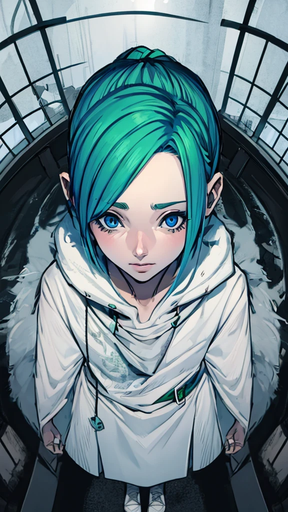  girl with white skin and green hair dyed with blue eyes 