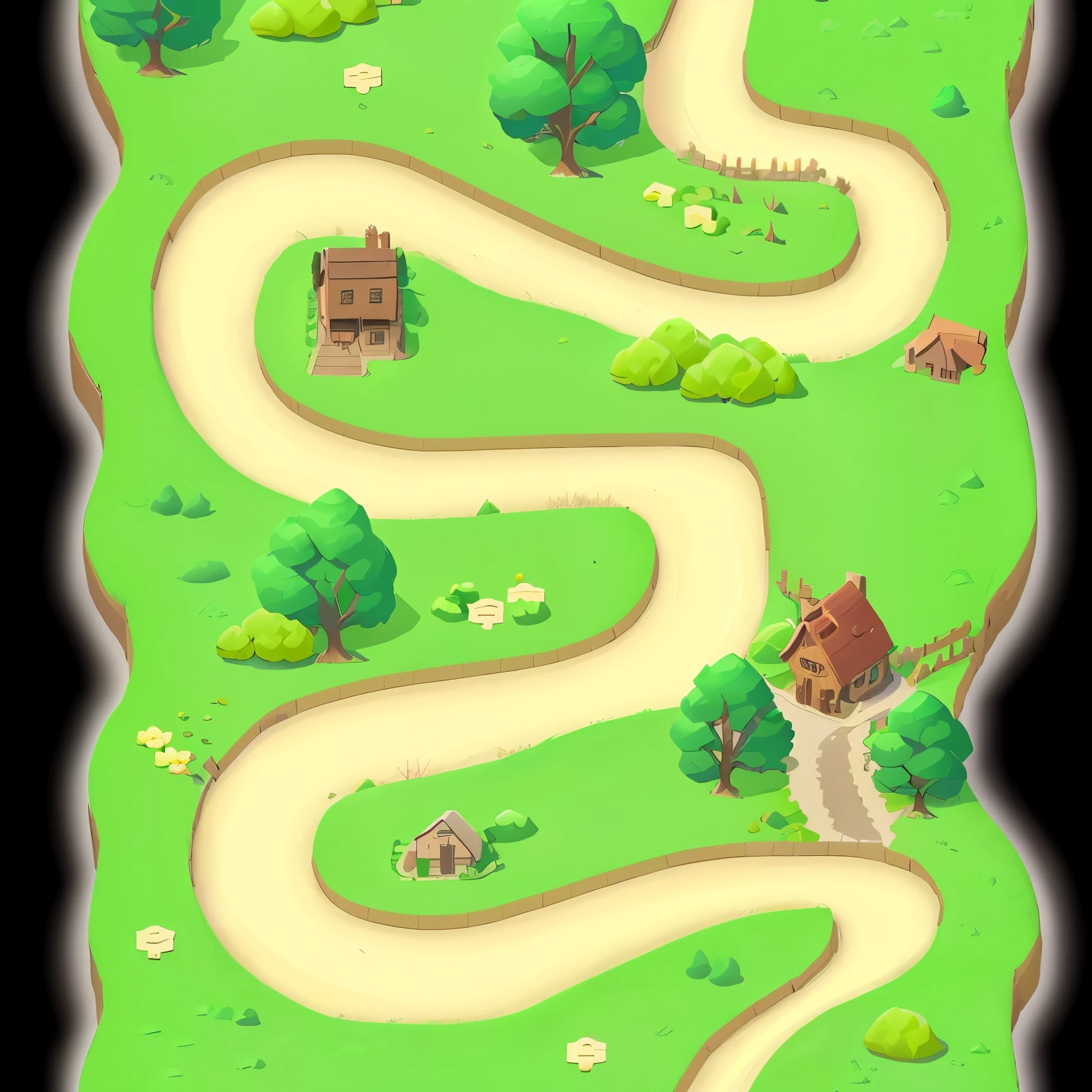 a cartoon illustration of a road leading to a small village, game map, mobile game background, 2d game background, game interface, game asset, 2d game asset, mobile game asset, romantic simple path traced, game concept, game board, made of tree and fantasy valley, game illustration, game overlay, game top down view, seperated game asset