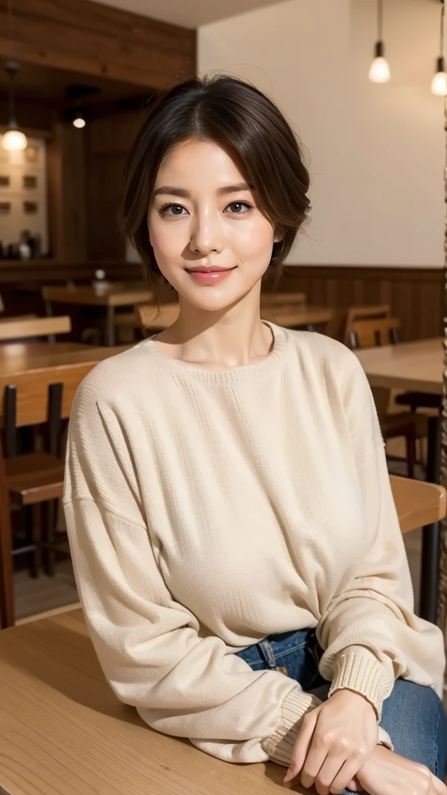 (Highest quality,8k,masterpiece),
日本人Mature Woman,40 years,Mature Woman,Pure white skin, Tabletop、Chest top view、
(Plump breasts 1.3)、 ((Beige crew neck knit))、Light blue denim pants、Random Hairstyles、
,A kind smile、A captivating gaze、Dining out、Inside the coffee shop、Over a cup of coffee、