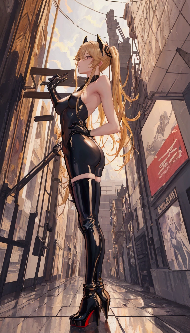  best quality, masterpiece, 8k, extreme wide-angle perspective distortion, low angle looking up (AshleyWoodArtAI:1.3), Future sexy asian blonde girl with twin-tails in a futuristic city.1.5, rusty metal city, lots of details, cars, buildings, billboards, nude NAKED TORSO, NUDE BREASTS and very tight tank top, red latex thigh high stocking extreme-highheel-wedge boots , standing pose (Dave Mckean inspired art, intricate details, oil painting) ,centered,scale to fit dimensions,Rule of thirds, heavy brushstrokes, blurred details, occasional burst of vivid color, dim lit setting, big ass, front view, extreme wide-angle perspective distortion, 