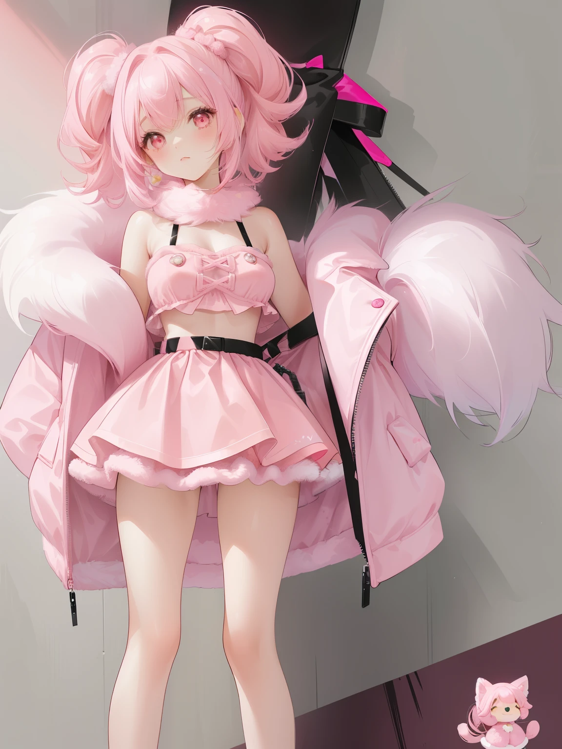 a close up of a woman in a pink dress and fur coat, pink mini-skirt, pink clothes, pink fur, pink body harness, pink tight mini-skirt, pink fluffy fur, pastel pink skin tone, intriguing outfit, pink fox, female furry mini cute style, pink vibe, wearing crop top and miniskirt, body, pink pastel