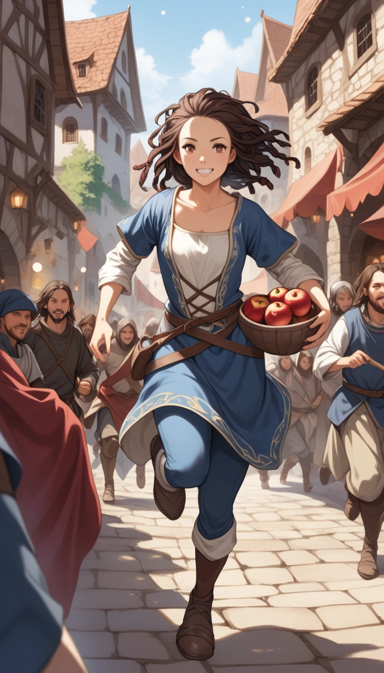 (1girl, female, solo, Human, Caucasian), (_young), (slim, small breasts, beautiful hips, happy face), (black wavy hair, dreadlock haircut), 
(Dungeons and Dragons, character), (Thief), (running, chased), 
(medieval top cloth, medieval cloth pans , shoes), (holding object, holding apple, small apple), 
(daytime market background, crowd, (chasing running by guards)),
8K, RAW, best quality, ((masterpiece, best quality)), ultra high res, colorful, (medium wide shot), full body, (dynamic perspective), sharp focus, (depth of field, bokeh:1.3), extremely detailed eyes and face, beautiful detailed eyes, 