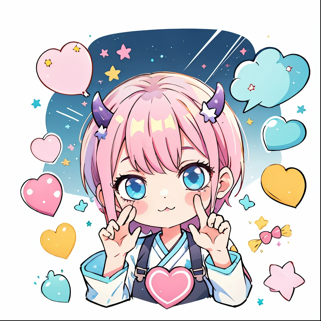 Ichika nakano dressed up as mem-cho, memcho, sticker, sticker, (cute) , short pink hair, blue eyes, front, , sweet and cute, little purple horns