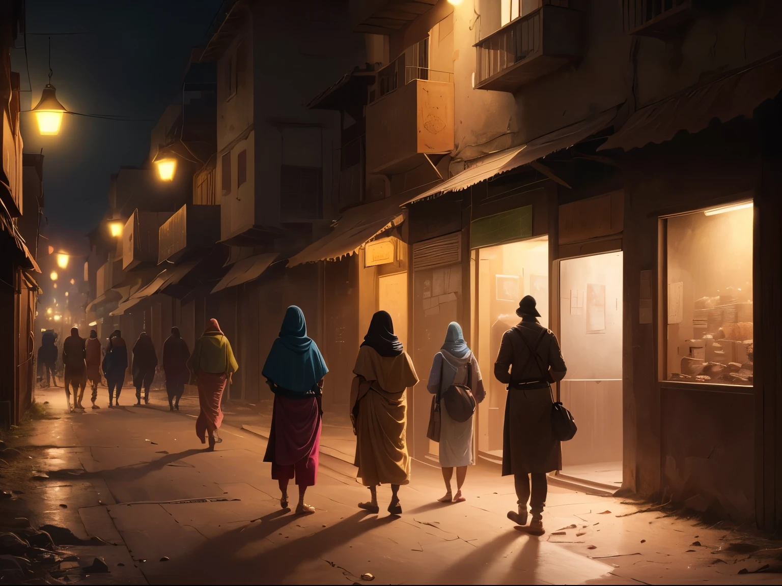 ((best quality)), ((masterpiece)), (detailed), A digital illustration of a dark and empty deserted Indian street at night, with group of people looking sad and lost